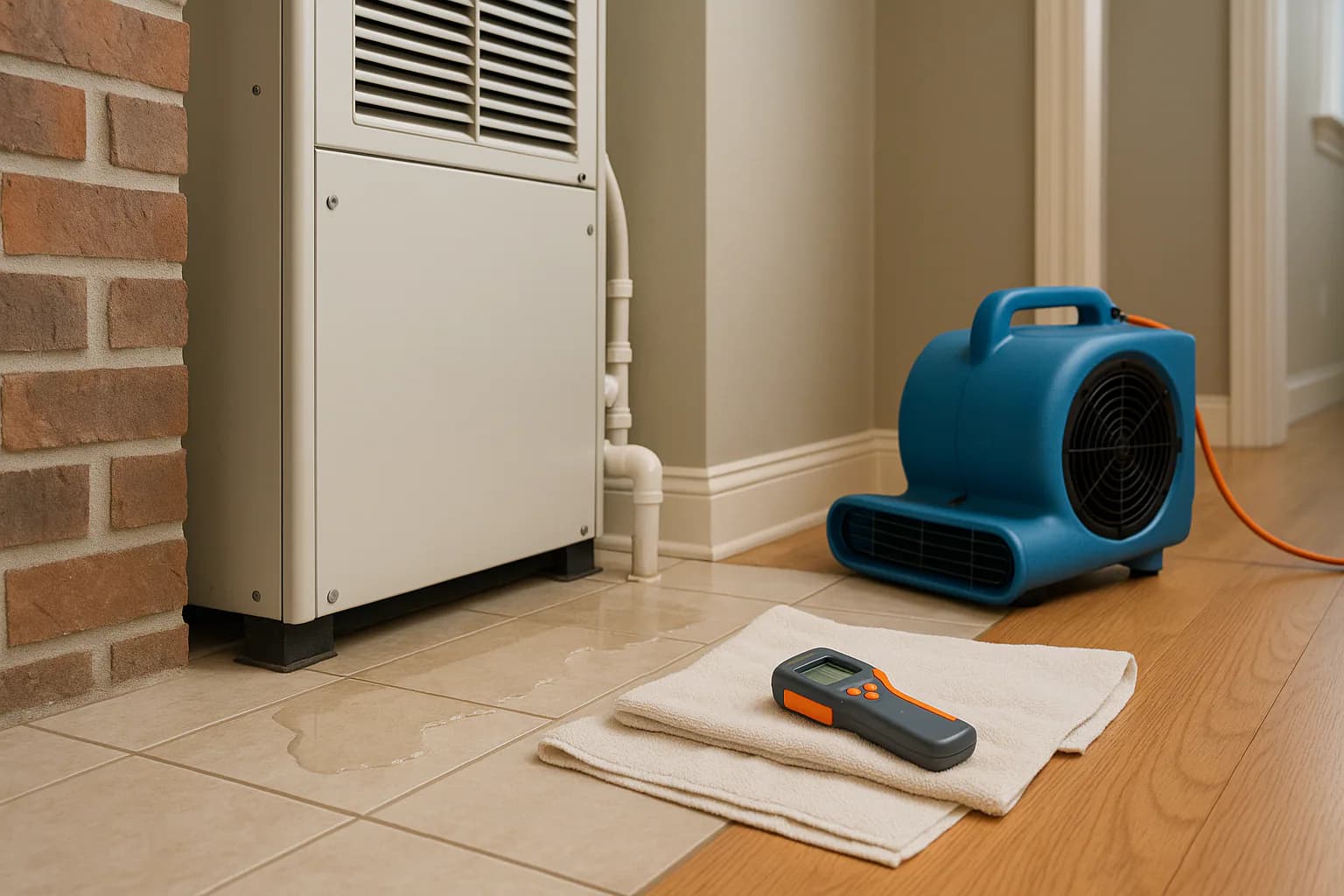 A residential water restoration scene illustrating ac leaking water inside house causes and solutions, with the affected area and professional equipment fully visible.