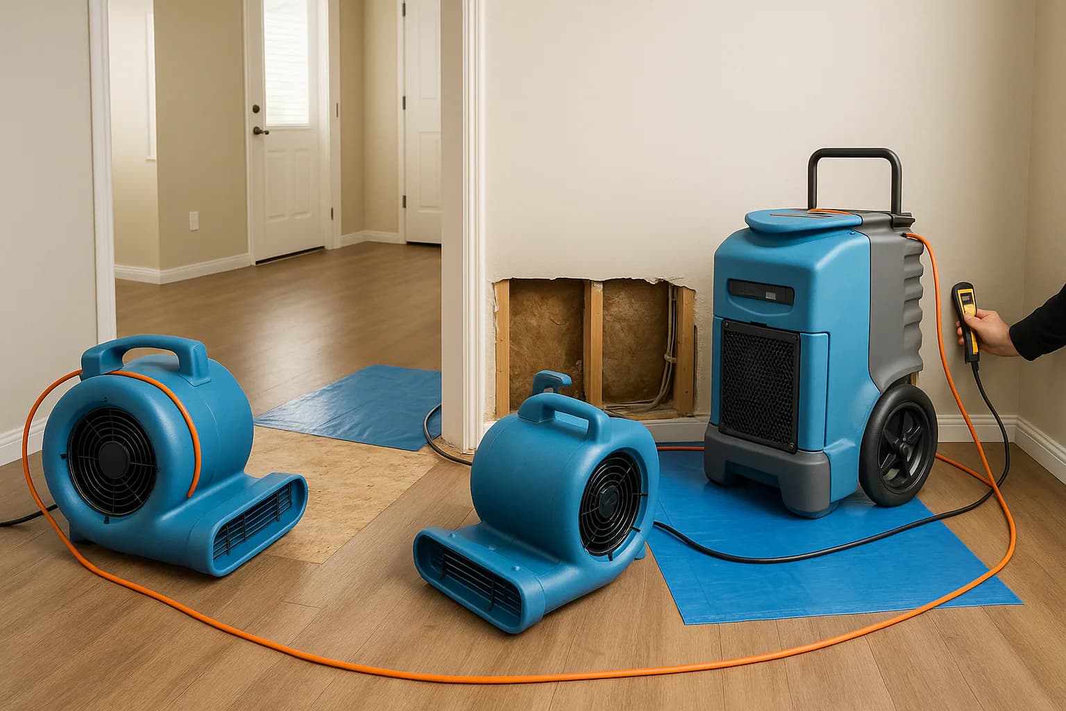 A residential water restoration scene illustrating air movers vs. dehumidifiers how drying works, with the affected area and professional equipment fully visible.