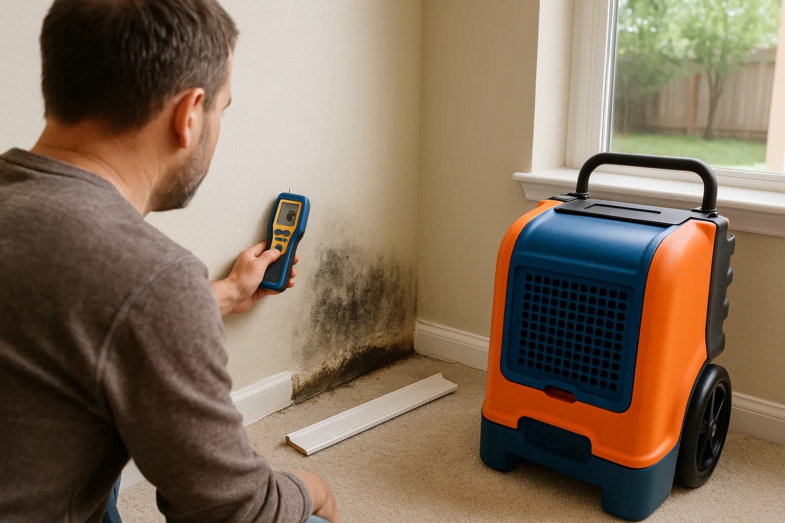 A residential water restoration scene illustrating black mold after water damage what to know, with the affected area and professional equipment fully visible.