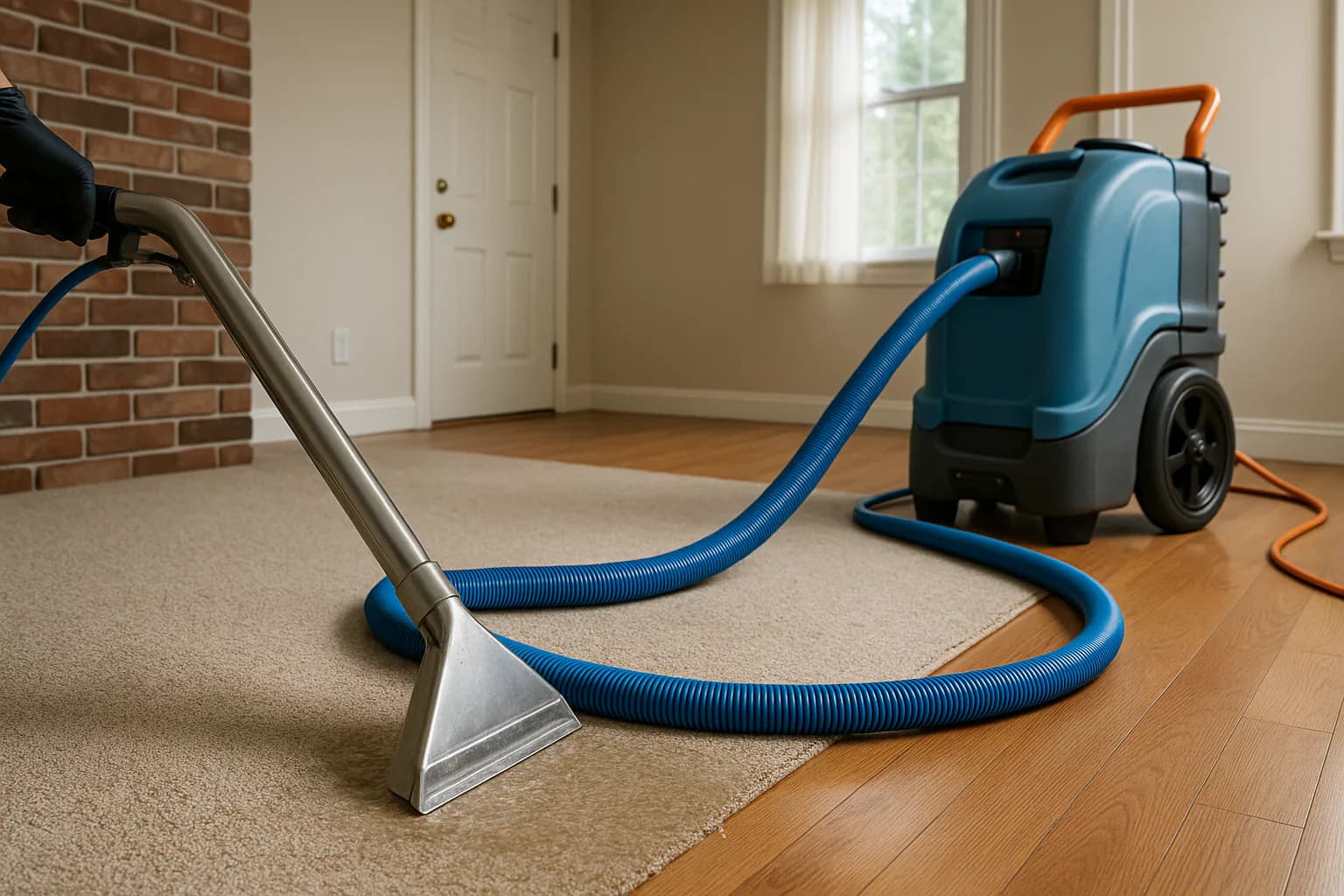 A residential water restoration scene illustrating can wet carpet be saved, with the affected area and professional equipment fully visible.