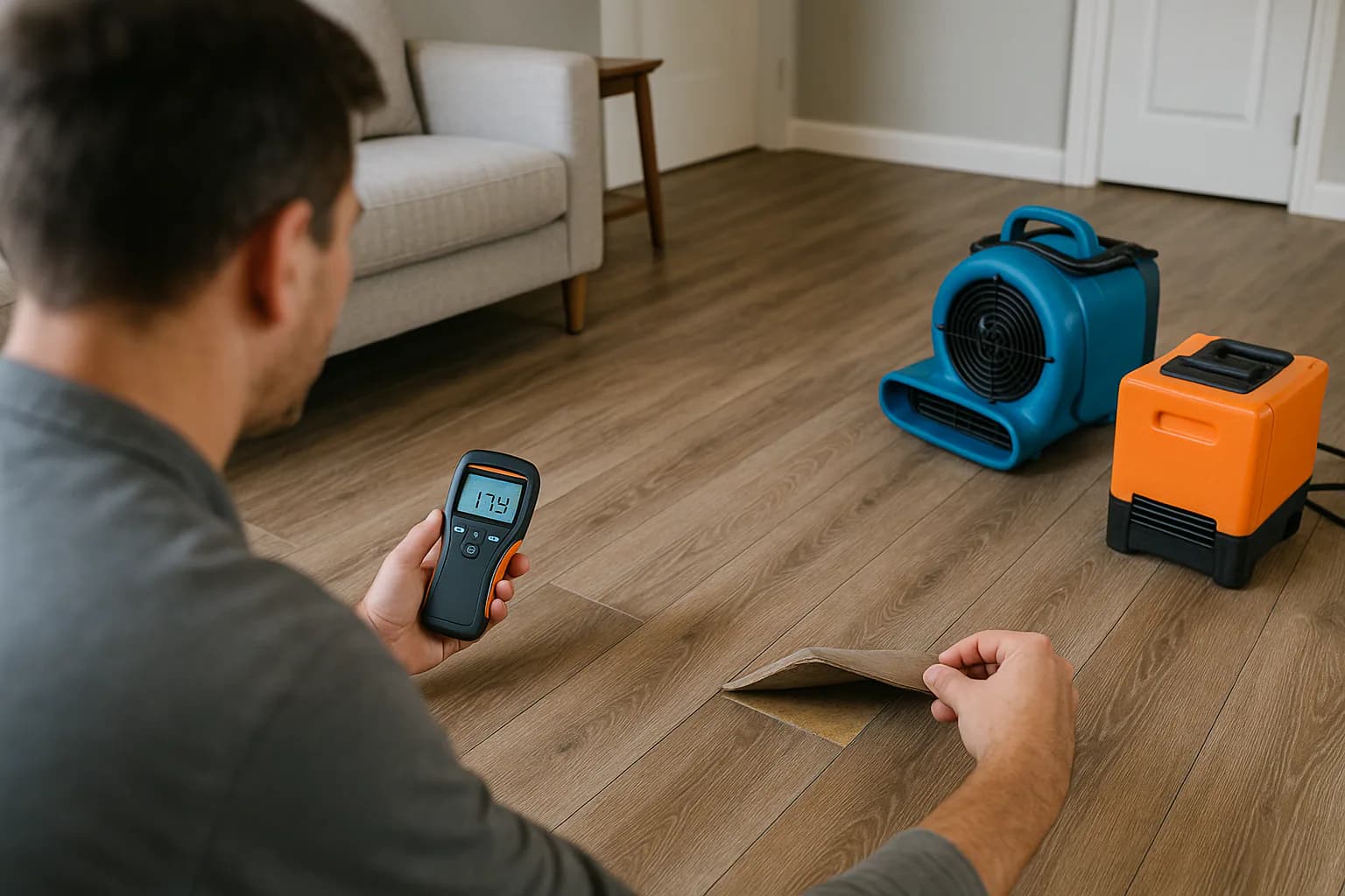 A residential water restoration scene illustrating can wet laminate flooring be saved, with the affected area and professional equipment fully visible.