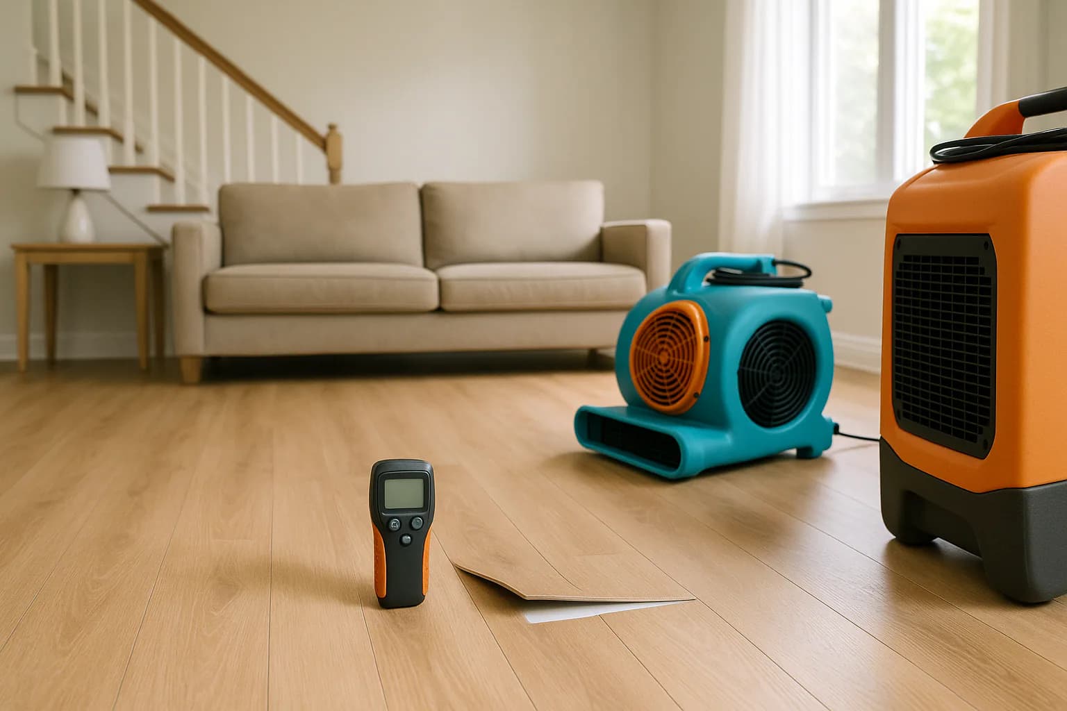 A residential water restoration scene illustrating can wet vinyl plank flooring be saved, with the affected area and professional equipment fully visible.