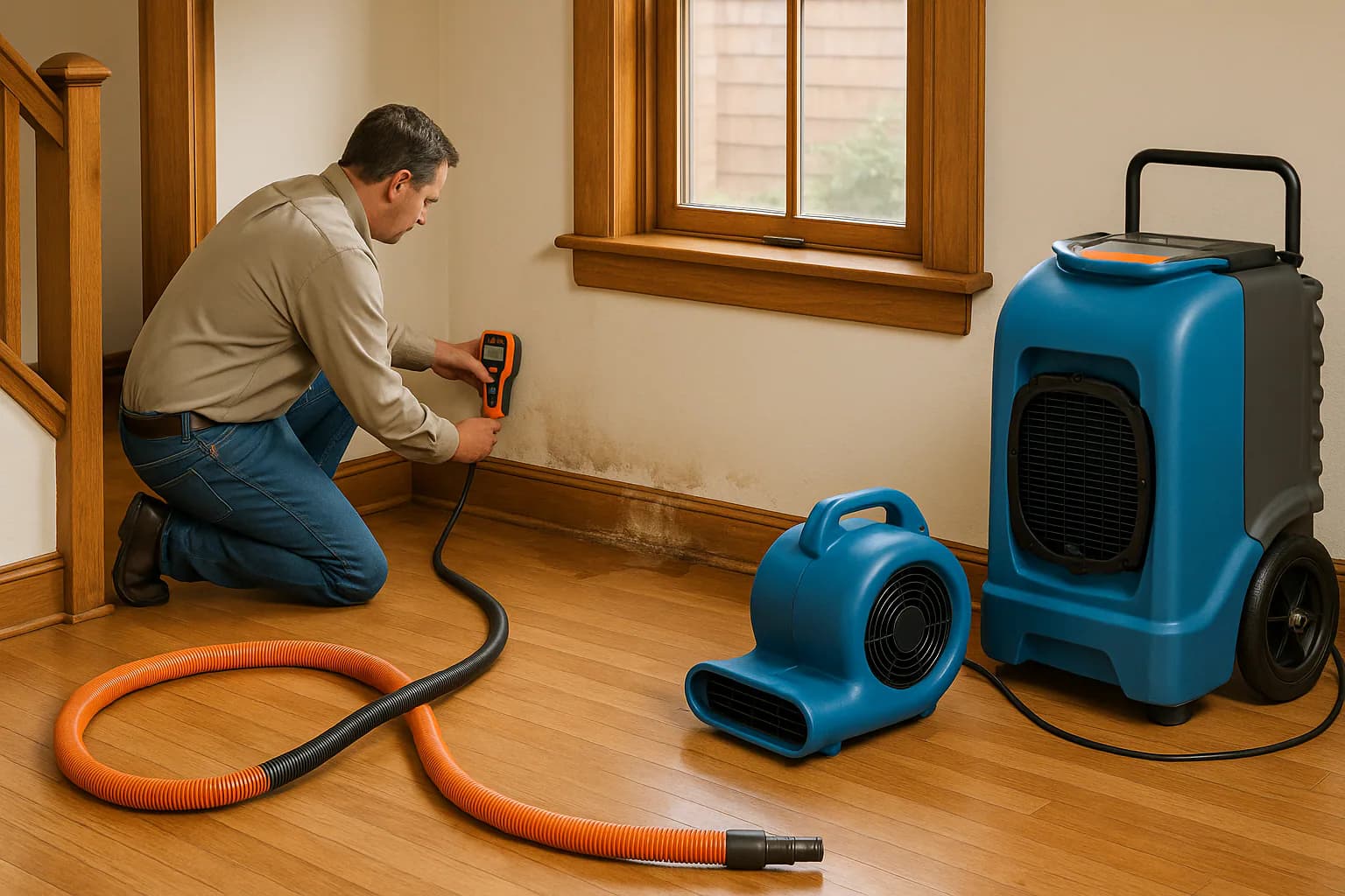 A residential water restoration scene illustrating can you stay home during water damage restoration, with the affected area and professional equipment fully visible.