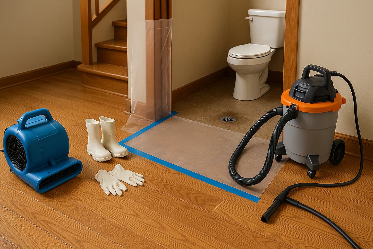 A residential water restoration scene illustrating clean water vs. gray water vs. black water damage, with the affected area and professional equipment fully visible.