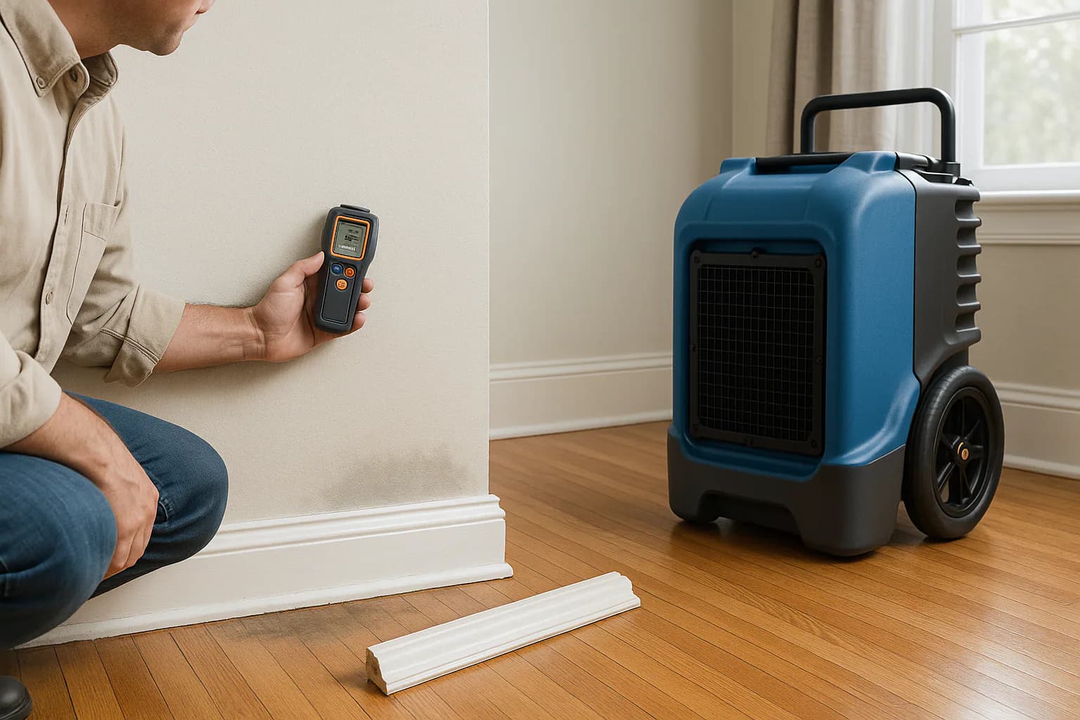 A residential water restoration scene illustrating condensation or water leak  tell the difference, with the affected area and professional equipment fully visible.