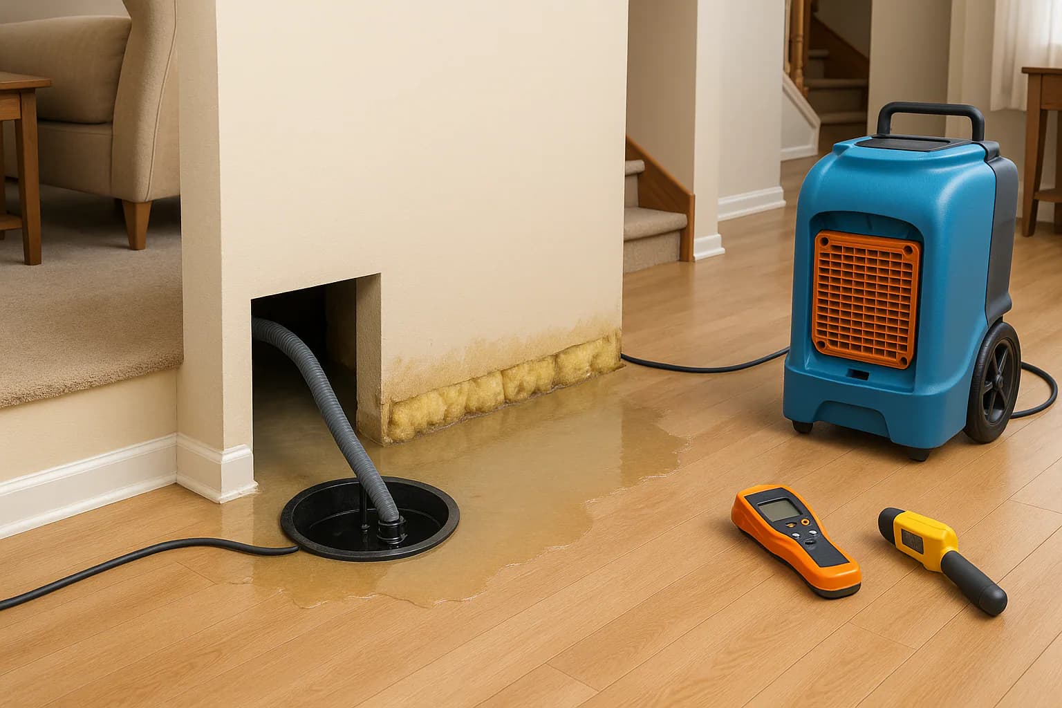 A residential water restoration scene illustrating crawl space water damage signs and next steps, with the affected area and professional equipment fully visible.