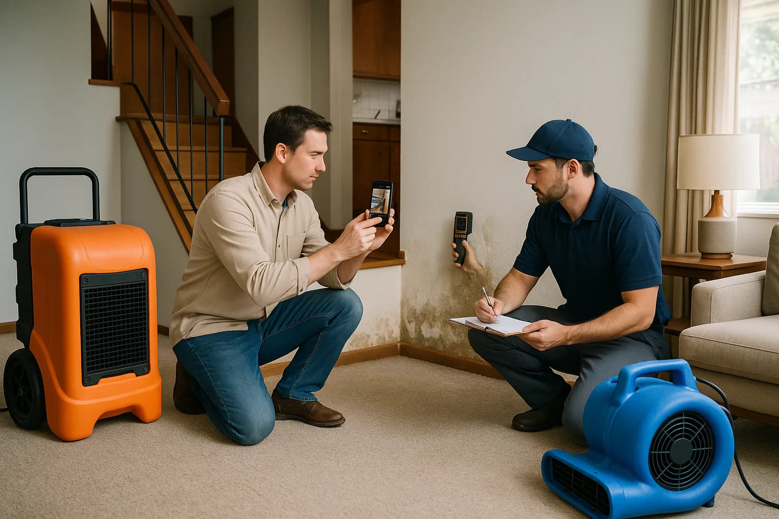 A residential water restoration scene illustrating does landlord insurance cover water damage, with the affected area and professional equipment fully visible.