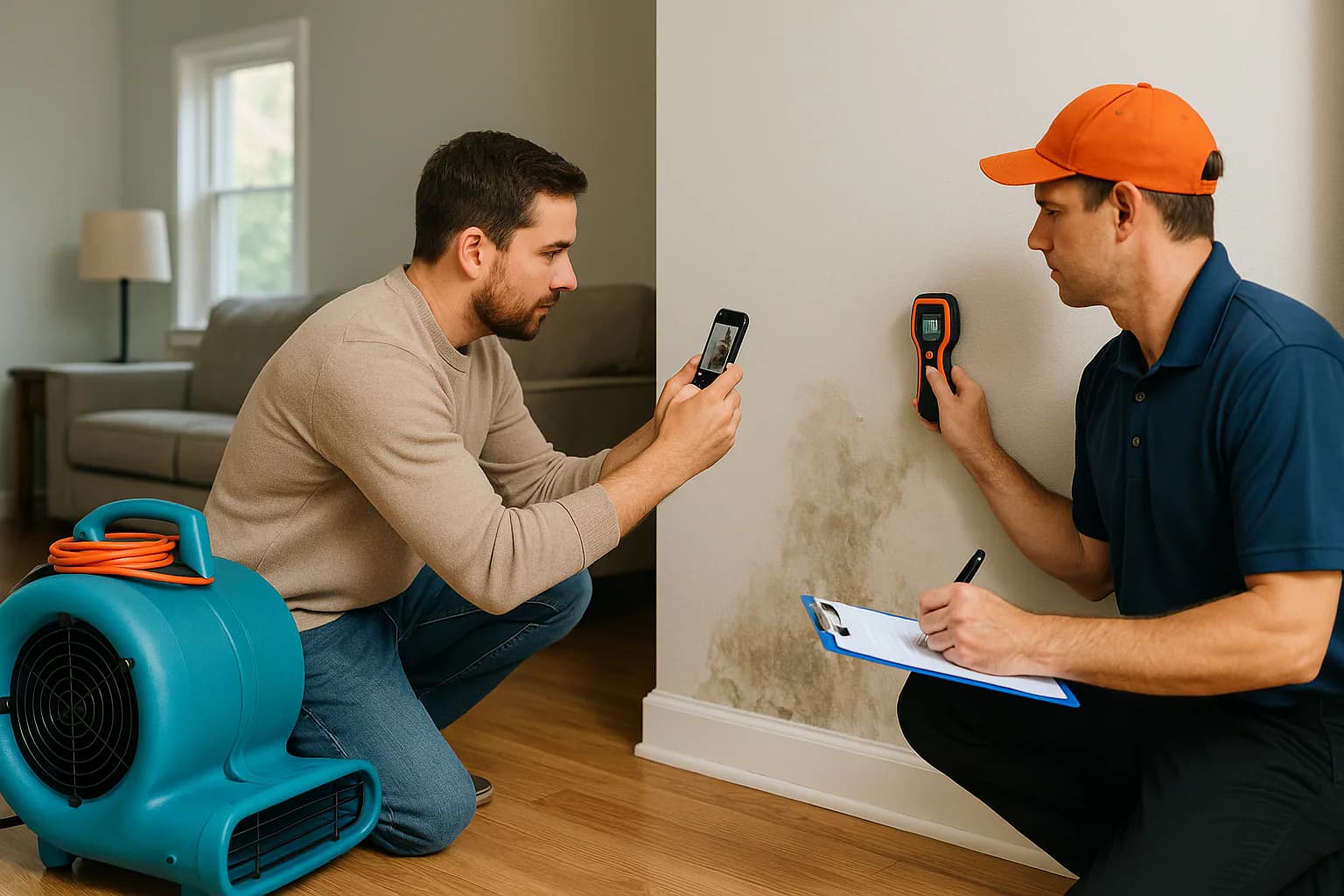 A residential water restoration scene illustrating does renters insurance cover water damage, with the affected area and professional equipment fully visible.