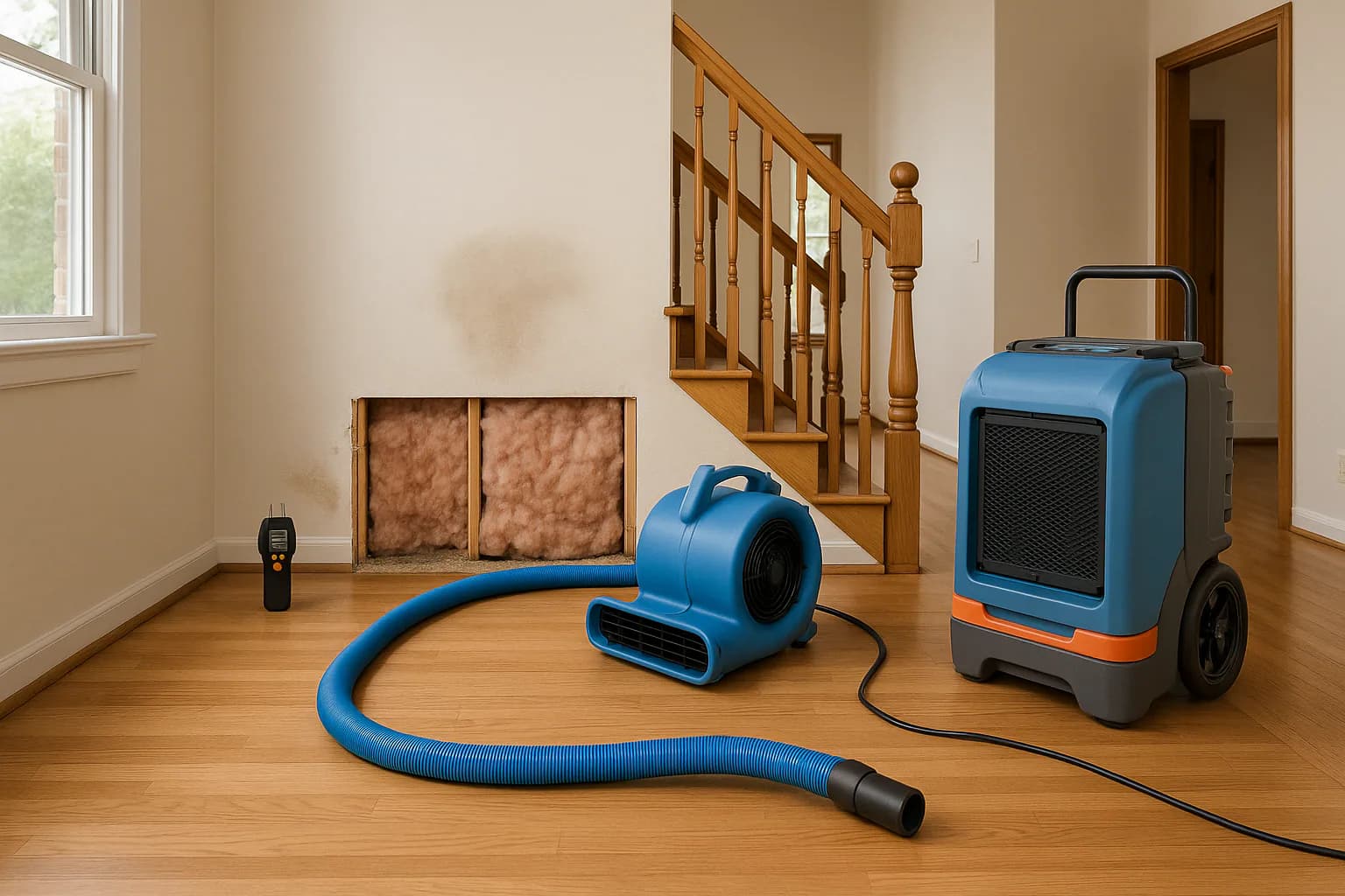 A residential water restoration scene illustrating does wet insulation need to be replaced, with the affected area and professional equipment fully visible.