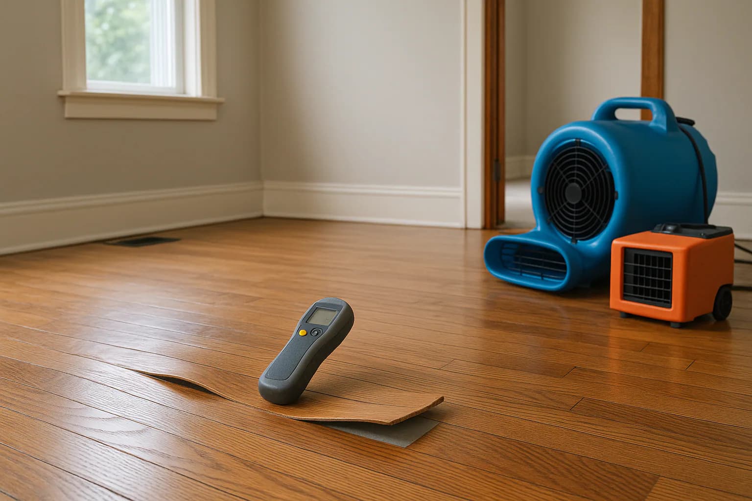 A residential water restoration scene illustrating hardwood floor water damage cupping, buckling, and the response, with the affected area and professional equipment fully visible.