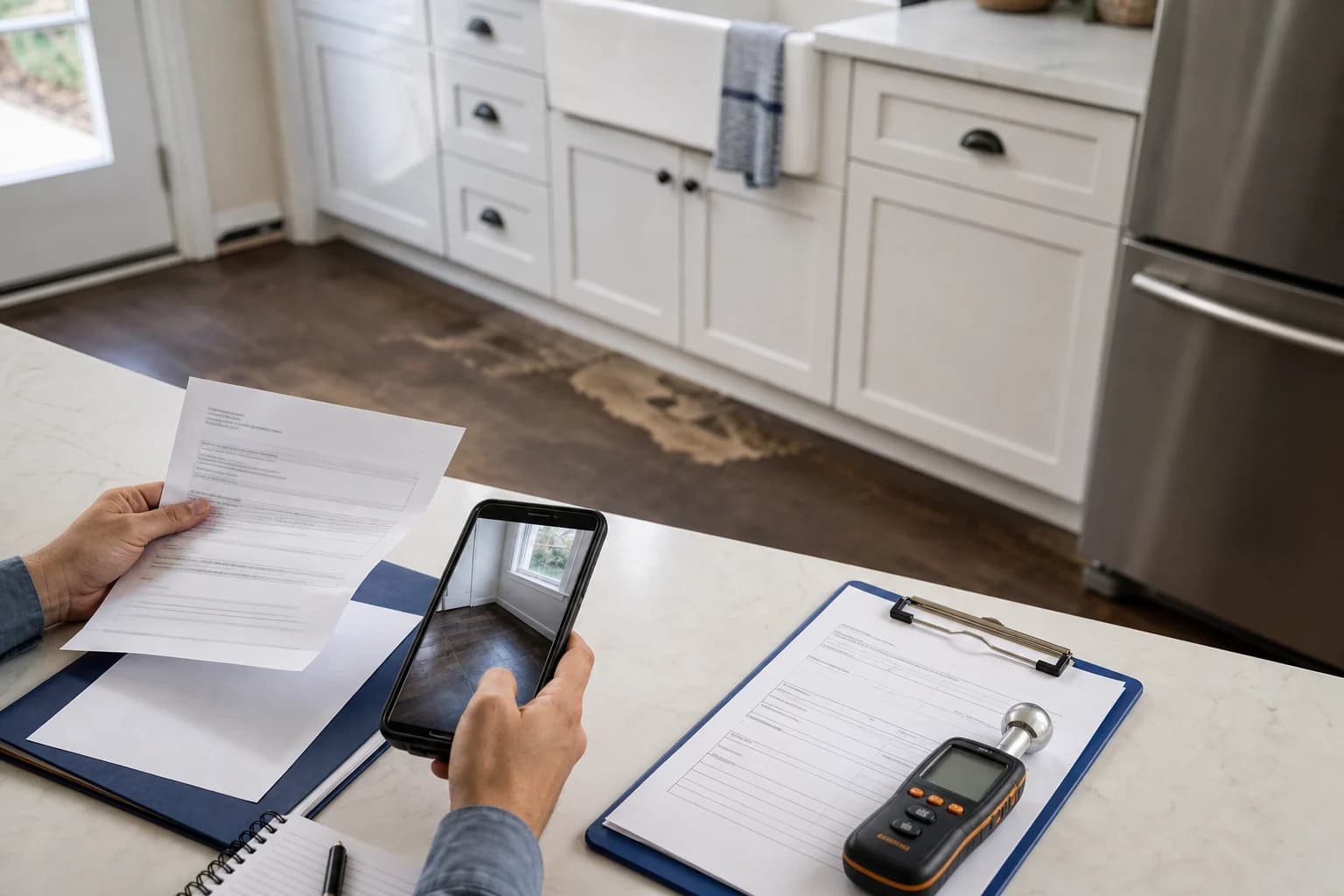 Insurance paperwork, phone photos, and a moisture meter used to document water damage.
