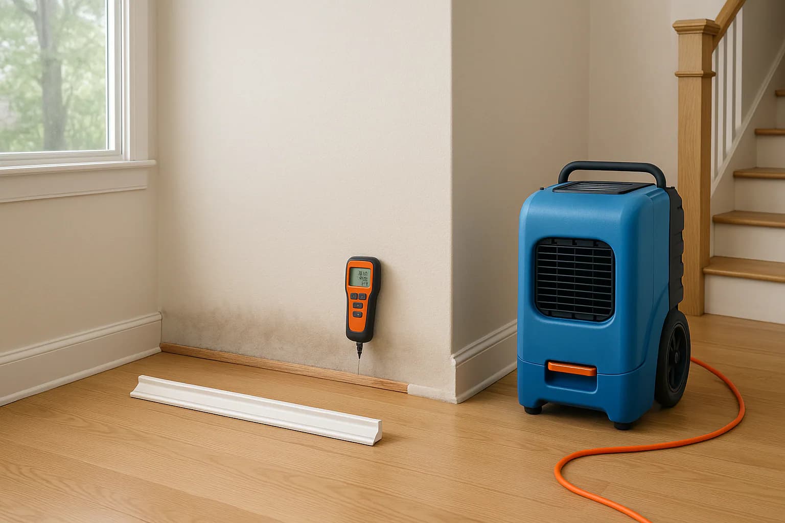 A residential water restoration scene illustrating how fast can mold grow after water damage, with the affected area and professional equipment fully visible.