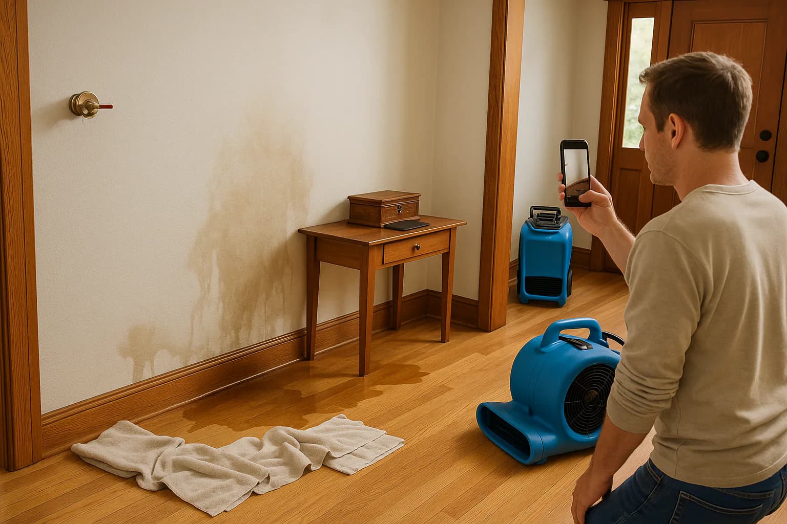 A residential water restoration scene illustrating how fast does water damage spread, with the affected area and professional equipment fully visible.