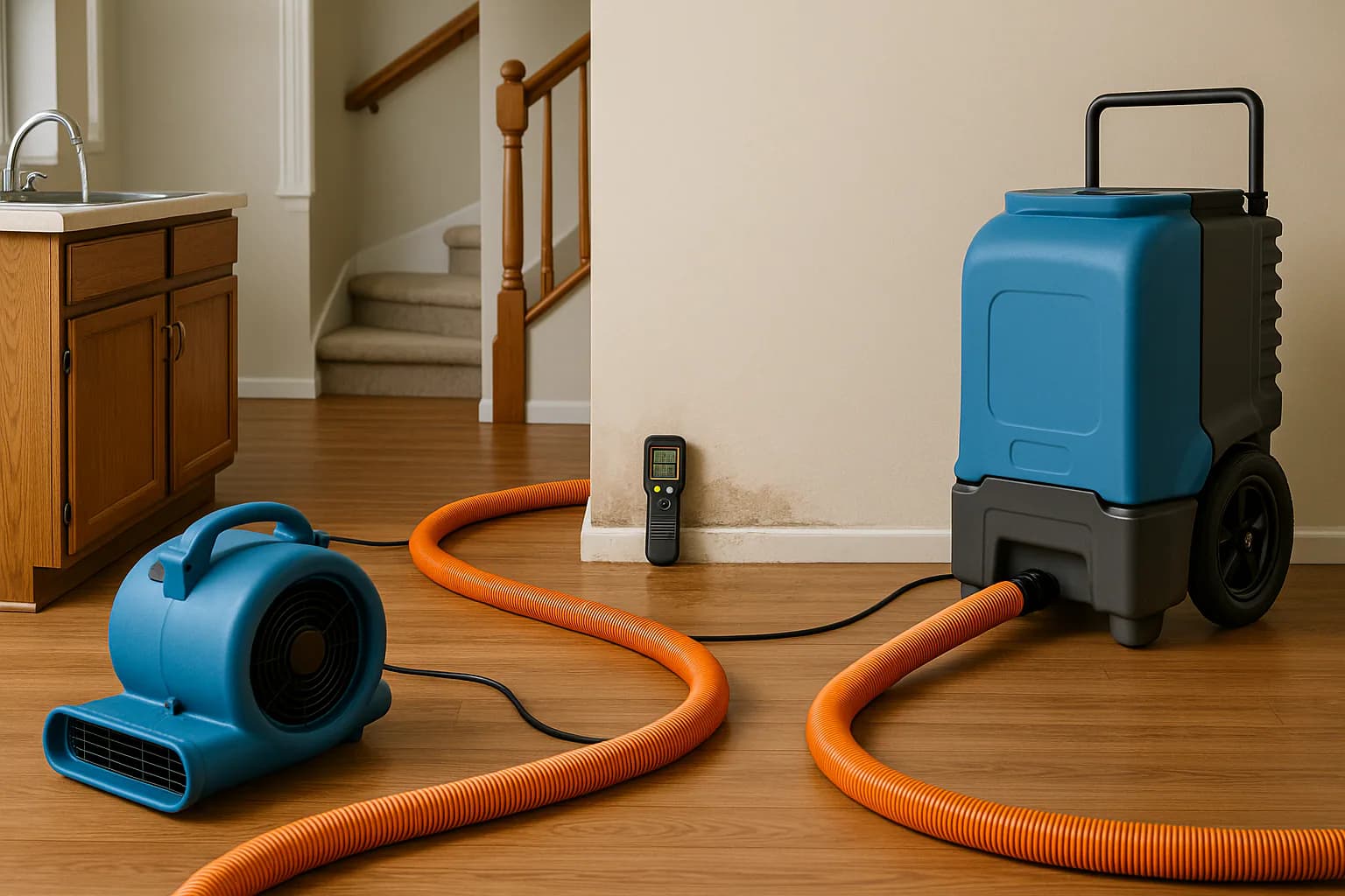 A residential water restoration scene illustrating how long does water damage restoration take, with the affected area and professional equipment fully visible.