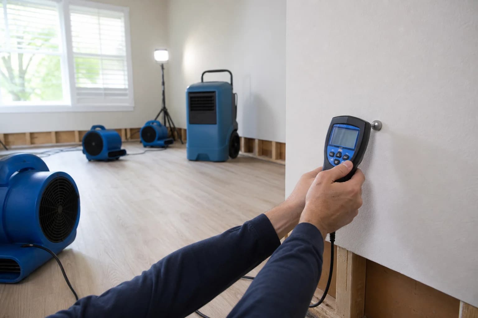 Air movers, a dehumidifier, and a moisture meter used during structural drying.