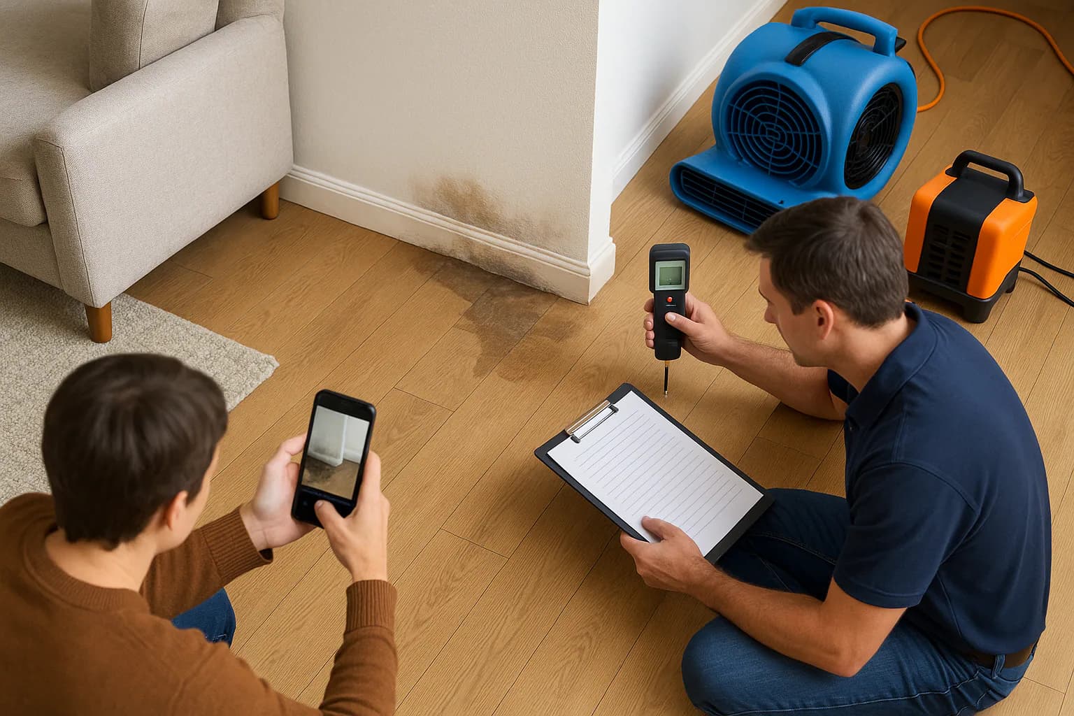 A residential water restoration scene illustrating document water damage for insurance, with the affected area and professional equipment fully visible.