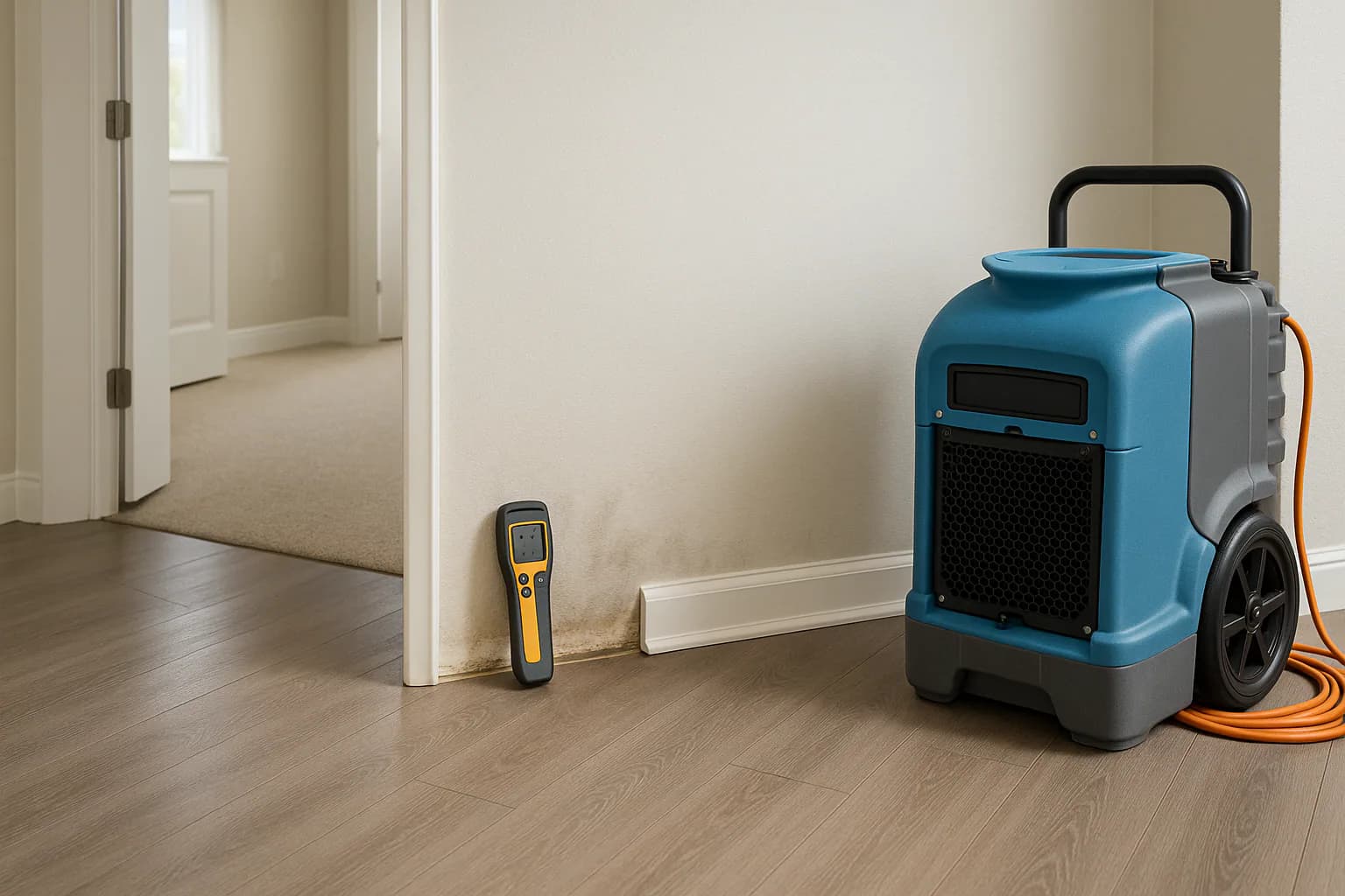 A residential water restoration scene illustrating dry out walls after a water leak, with the affected area and professional equipment fully visible.