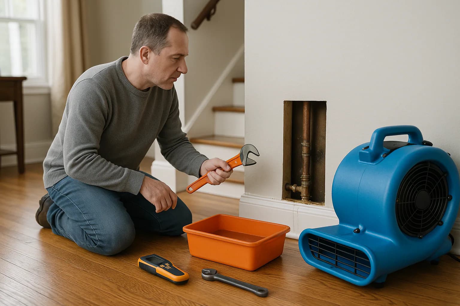 A residential water restoration scene illustrating prevent and safely thaw frozen pipes, with the affected area and professional equipment fully visible.