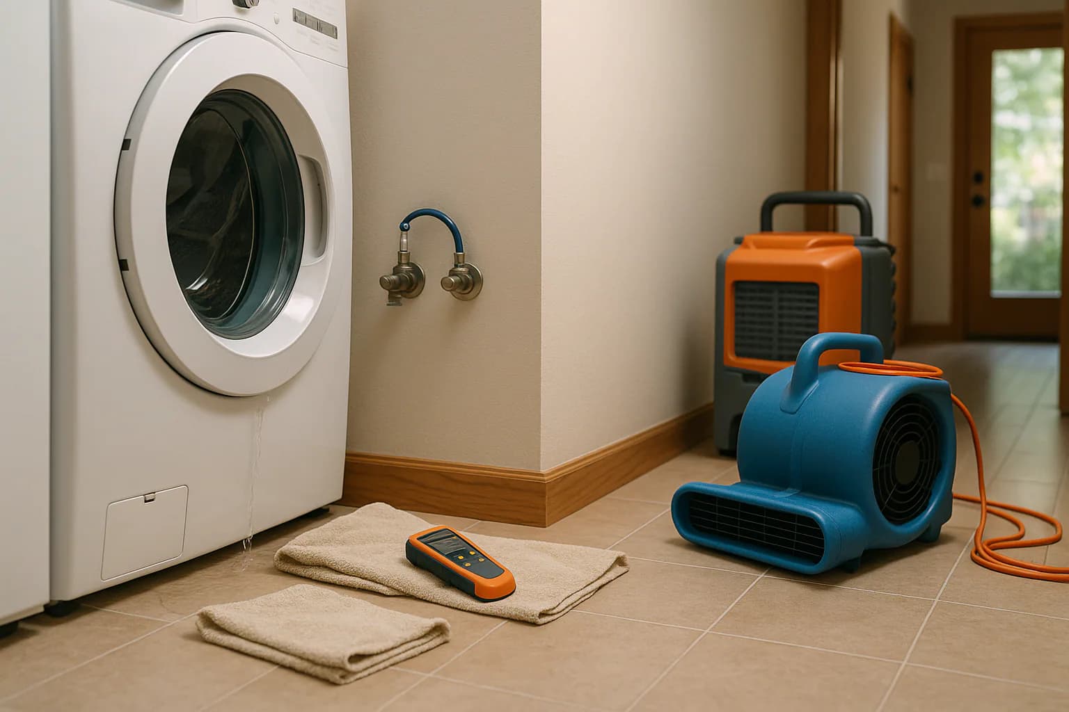 A residential water restoration scene illustrating prevent water damage at home, with the affected area and professional equipment fully visible.