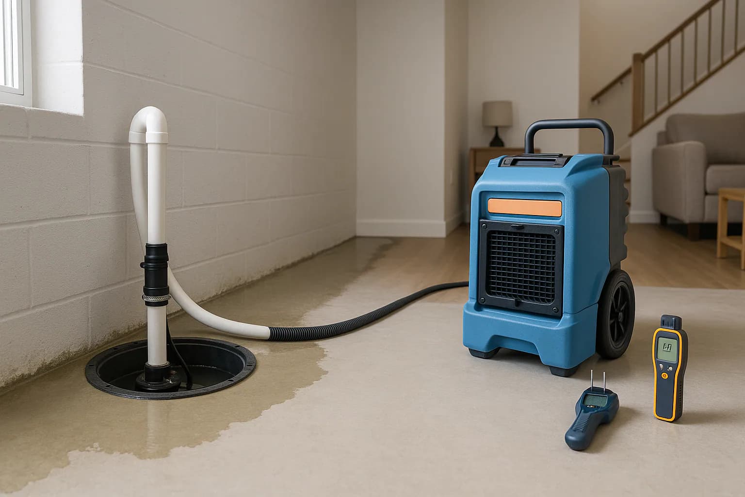 A residential water restoration scene illustrating stop water coming into your basement, with the affected area and professional equipment fully visible.
