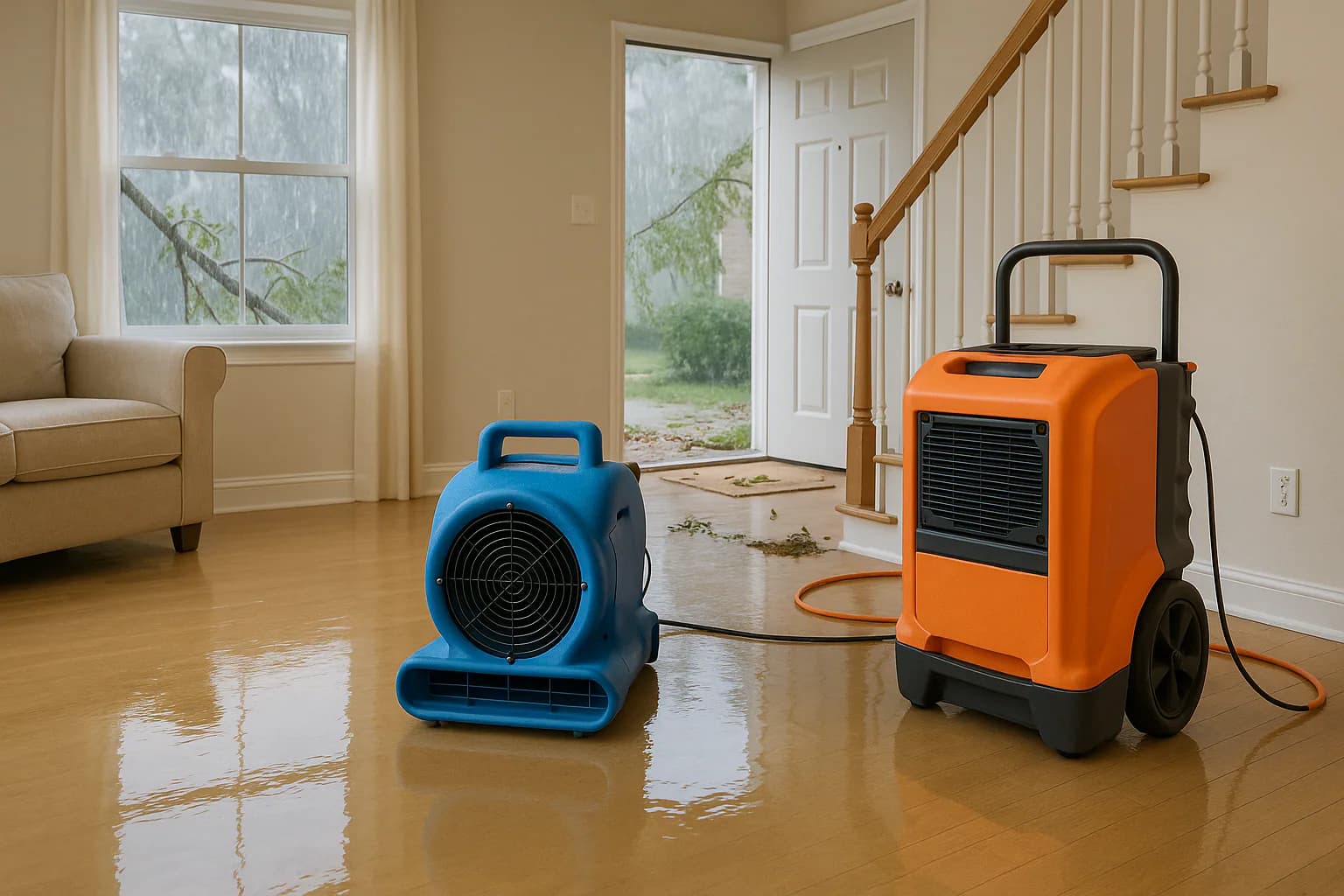 A residential water restoration scene illustrating hurricane water damage cleanup a practical guide, with the affected area and professional equipment fully visible.