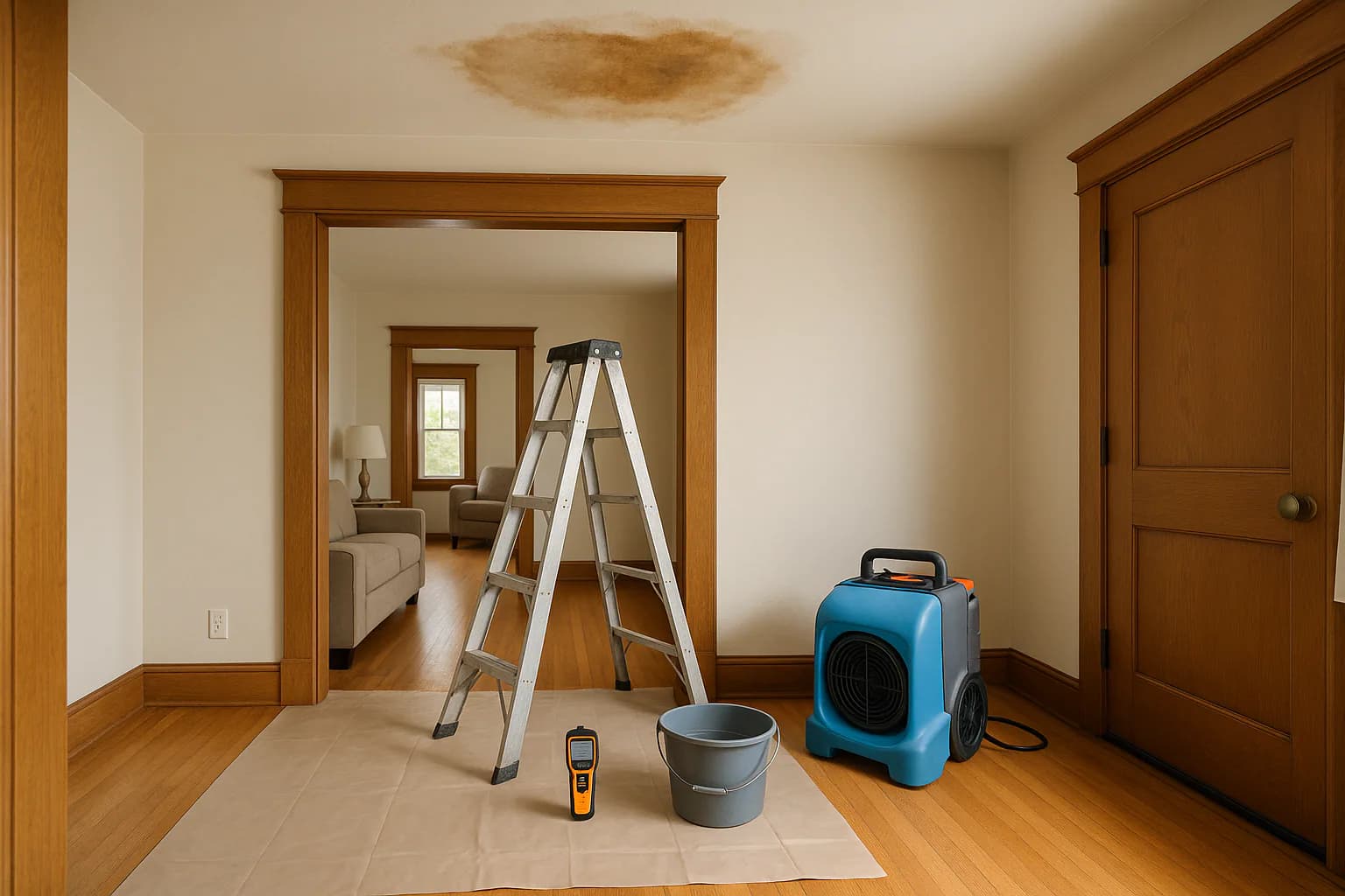 A residential water restoration scene illustrating ideal indoor humidity after water damage, with the affected area and professional equipment fully visible.