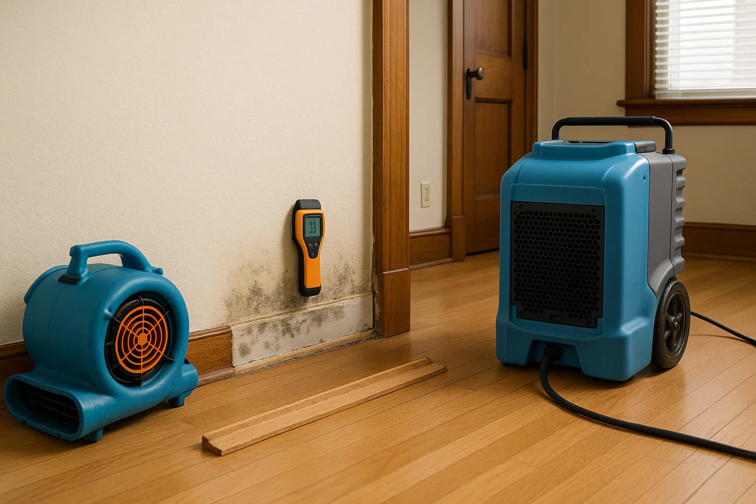 A residential water restoration scene illustrating mold in walls after water leak signs and next steps, with the affected area and professional equipment fully visible.