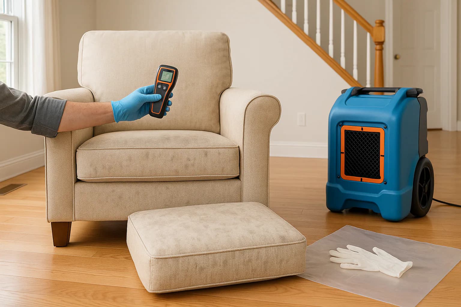 A residential water restoration scene illustrating mold on furniture after water damage the response, with the affected area and professional equipment fully visible.