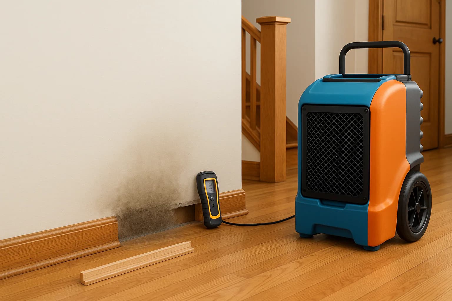 A residential water restoration scene illustrating musty smell after a water leak what it means, with the affected area and professional equipment fully visible.