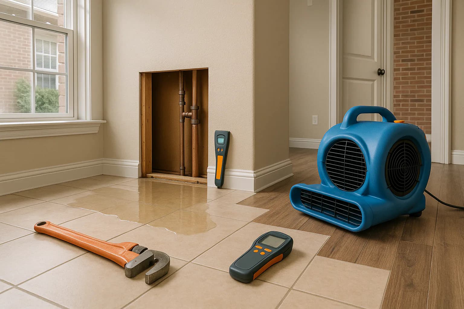 A residential water restoration scene illustrating plumber vs. water restoration company who does what, with the affected area and professional equipment fully visible.