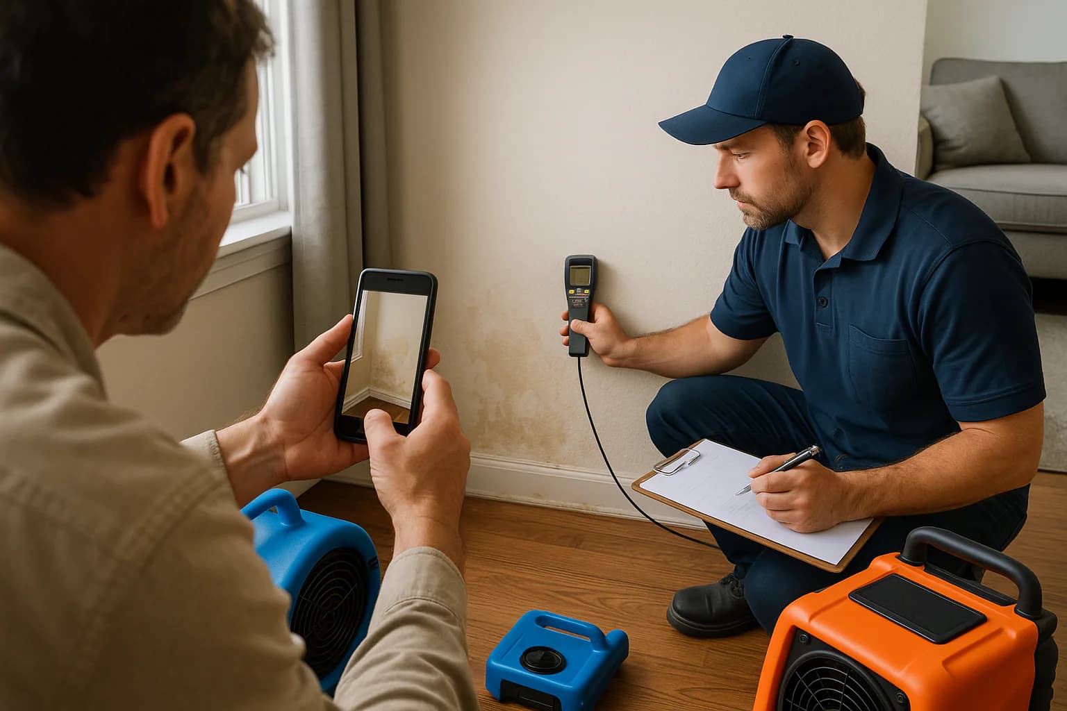 A residential water restoration scene illustrating questions to ask a water damage restoration company, with the affected area and professional equipment fully visible.