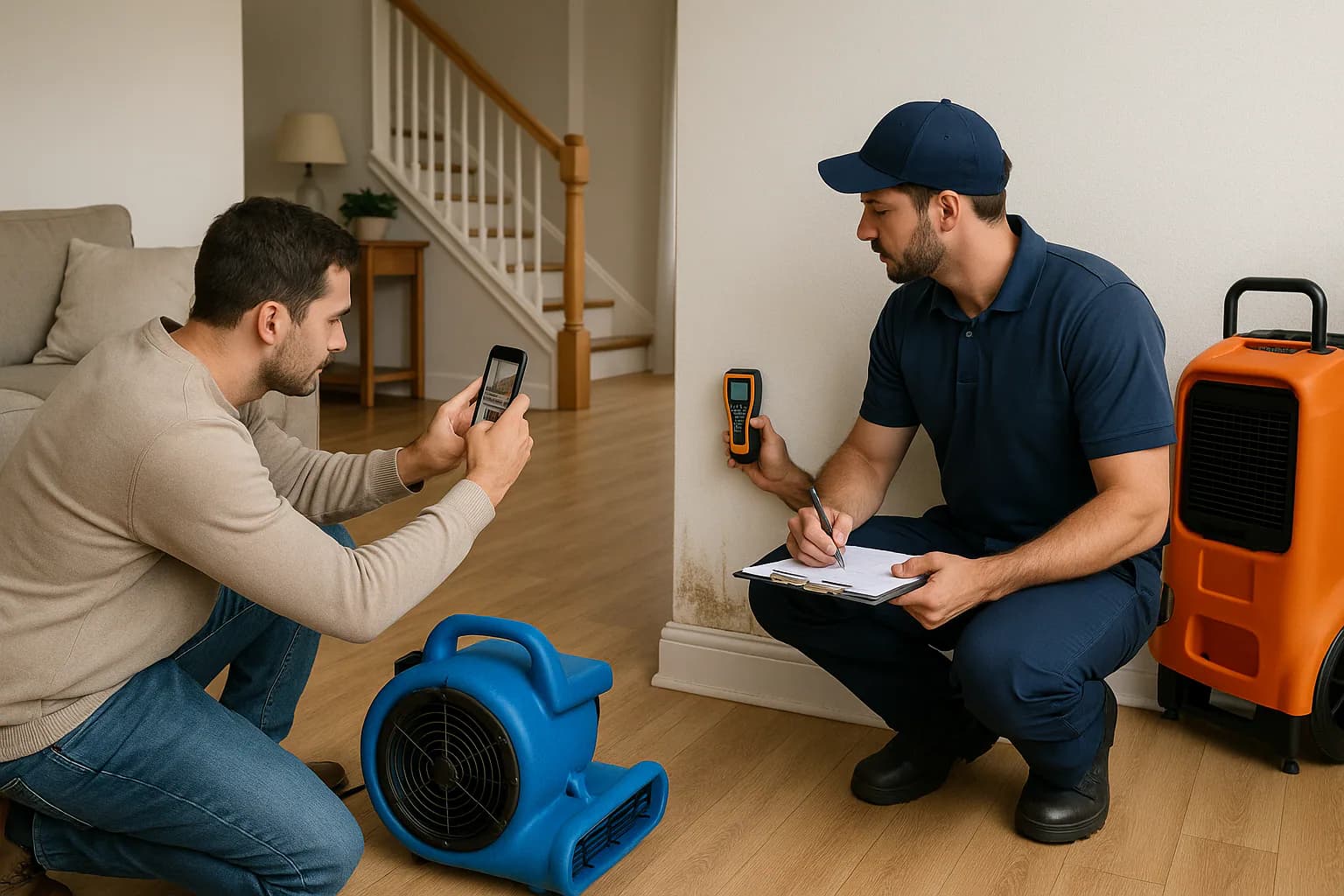A residential water restoration scene illustrating selling a house with water damage disclosure and options, with the affected area and professional equipment fully visible.