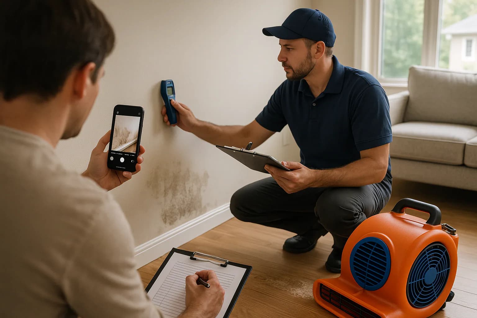 A residential water restoration scene illustrating should i file a water damage claim, with the affected area and professional equipment fully visible.