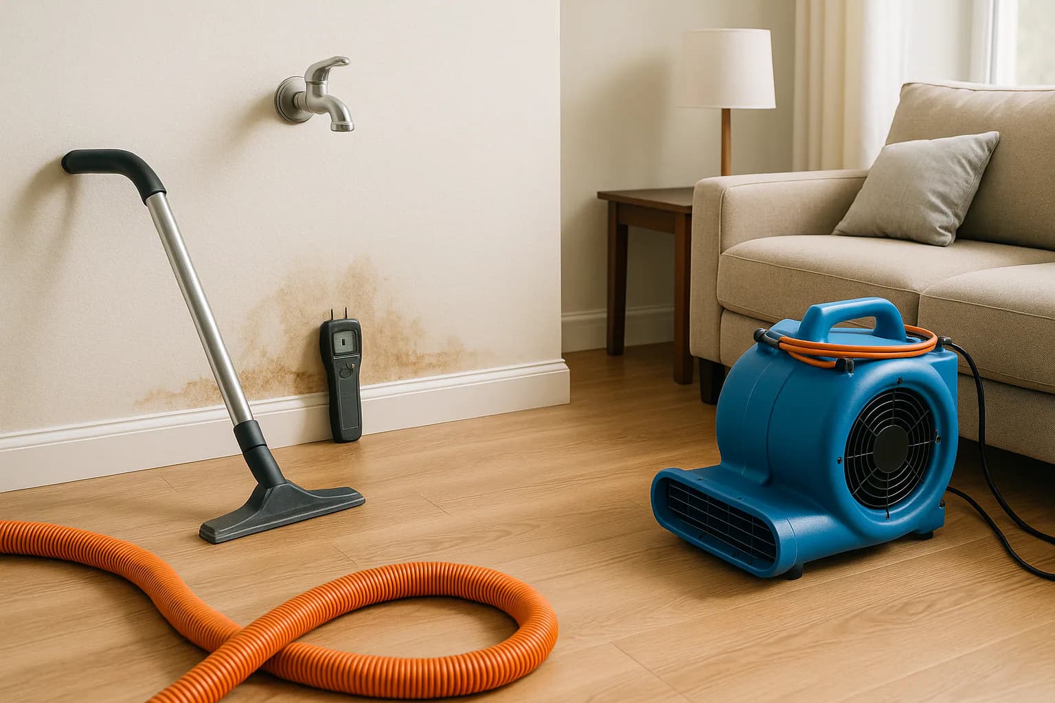 Moisture inspection and drying equipment in a water-damaged room