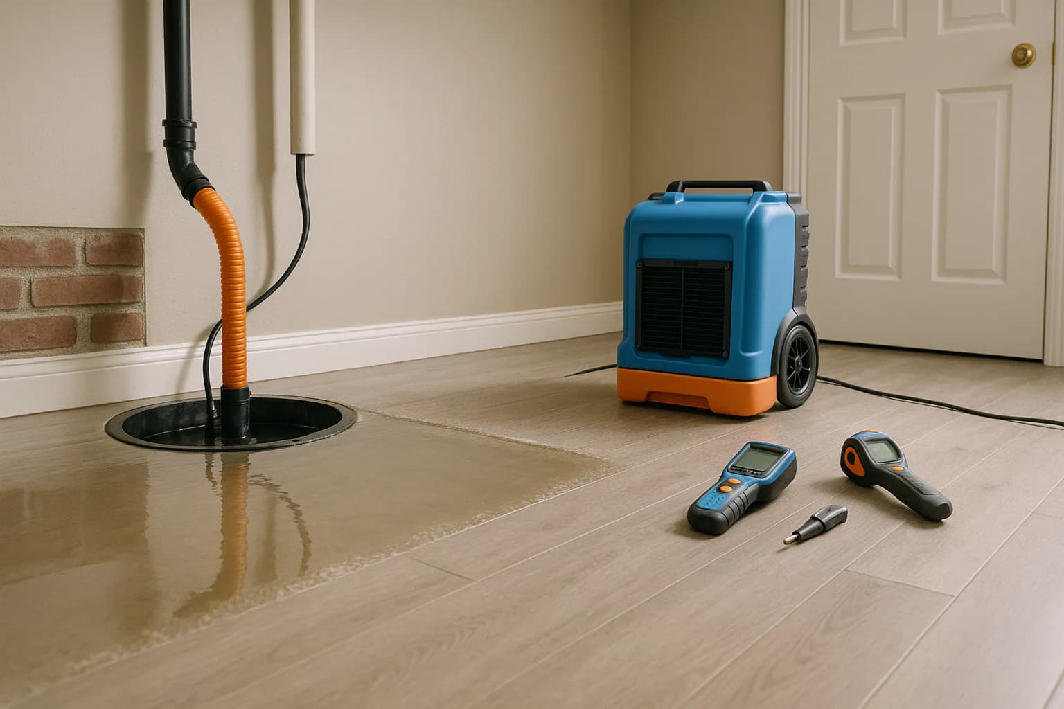A residential water restoration scene illustrating sump pump failure warning signs and next steps, with the affected area and professional equipment fully visible.