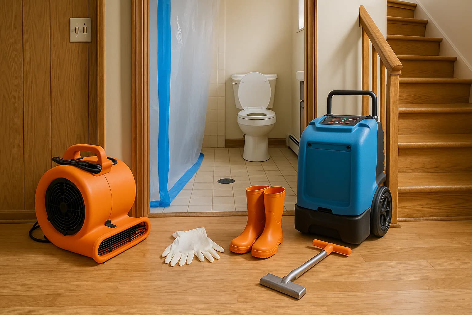 A residential water restoration scene illustrating the response after a toilet overflow, with the affected area and professional equipment fully visible.