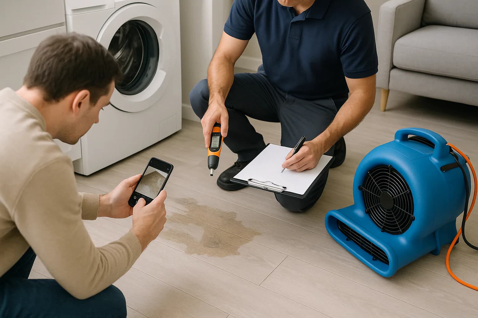 A residential water restoration scene illustrating the response after a washing machine overflow, with the affected area and professional equipment fully visible.