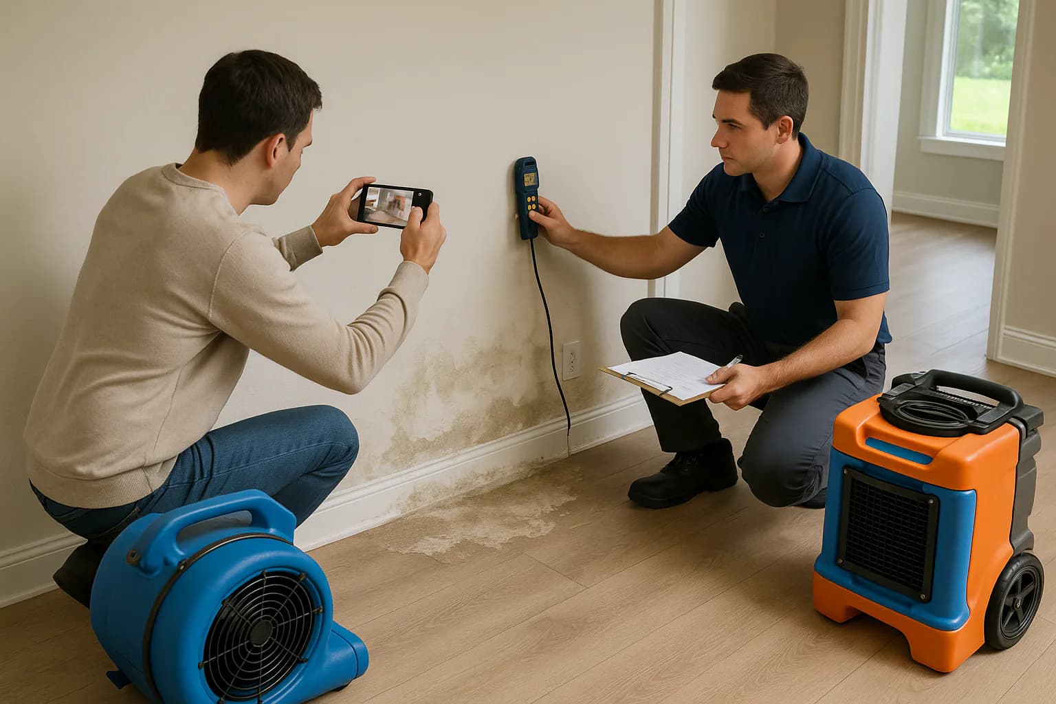 A residential water restoration scene illustrating what to expect at a water damage adjuster inspection, with the affected area and professional equipment fully visible.