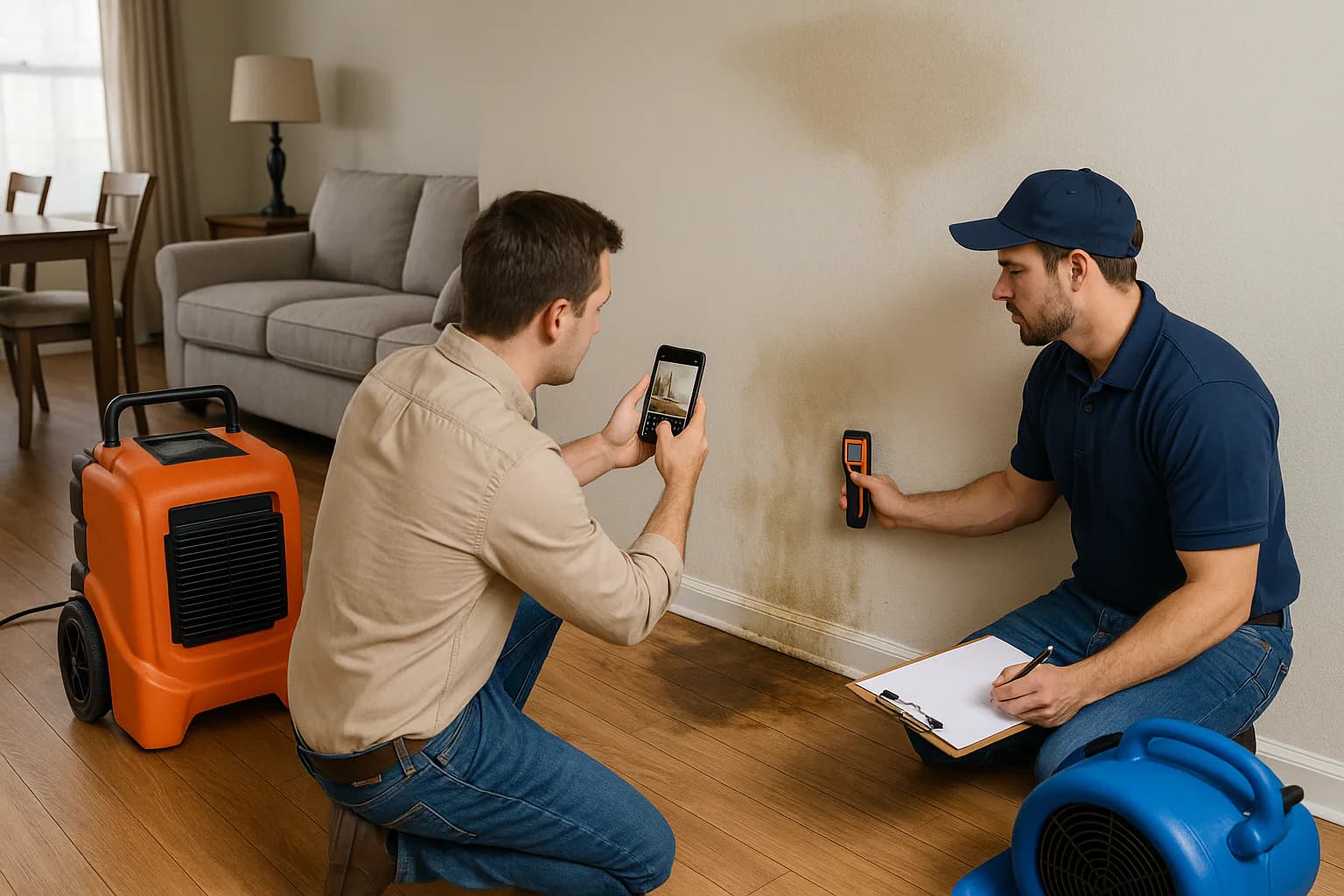 A residential water restoration scene illustrating water damage from upstairs neighbor who is responsible, with the affected area and professional equipment fully visible.