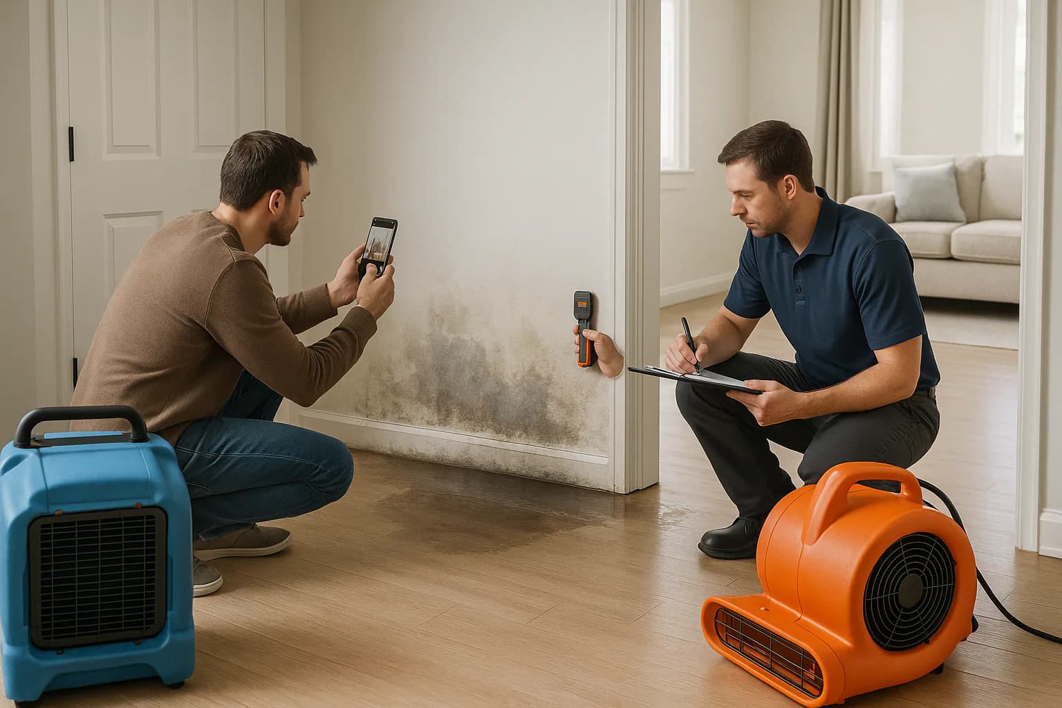 A residential water restoration scene illustrating file a water damage insurance claim, with the affected area and professional equipment fully visible.