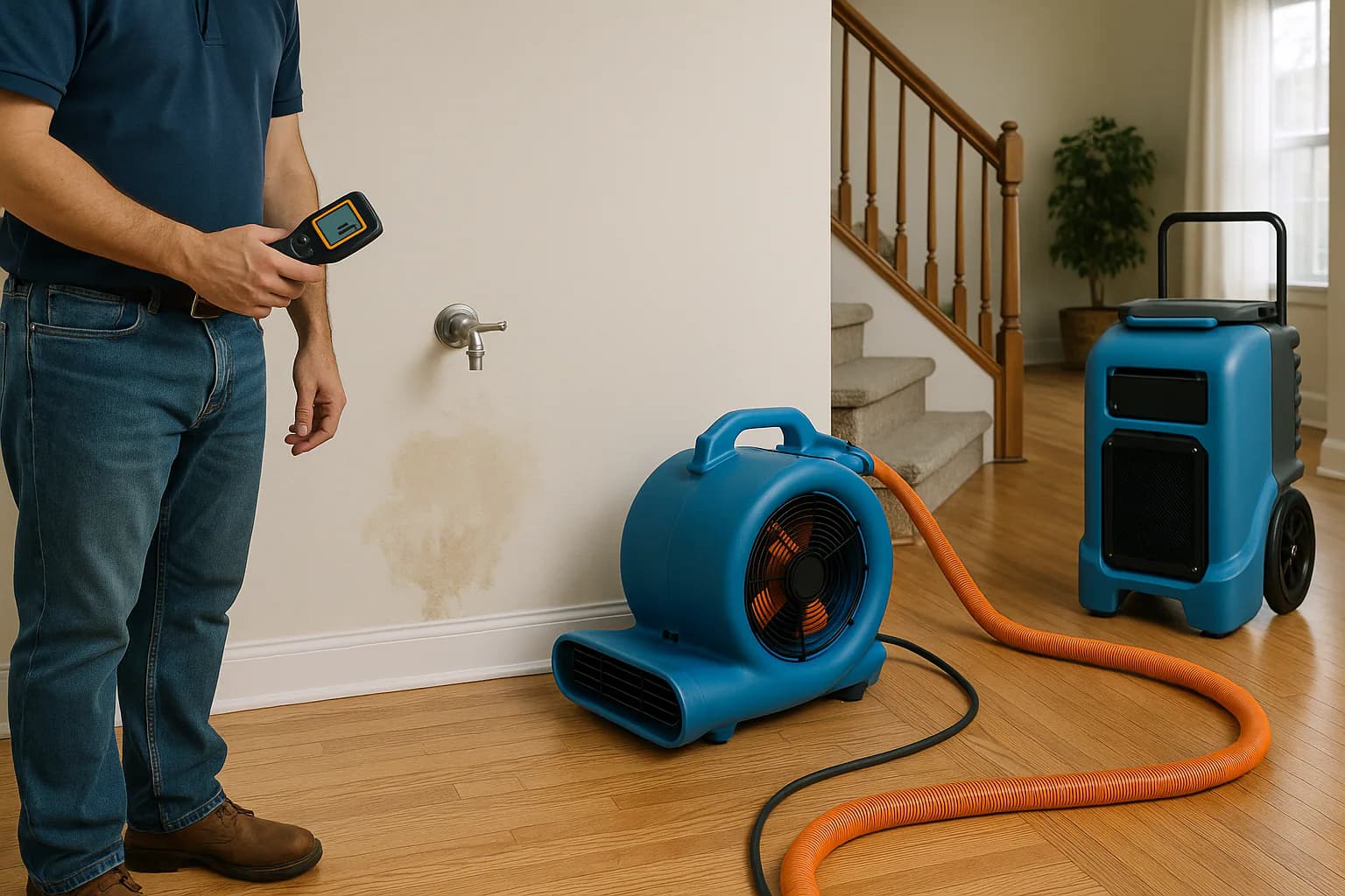 A residential water restoration scene illustrating the water damage restoration process, step by step, with the affected area and professional equipment fully visible.