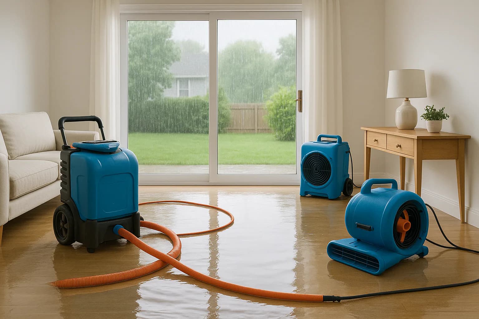 A residential water restoration scene illustrating water damage vs. flood damage what's the difference, with the affected area and professional equipment fully visible.