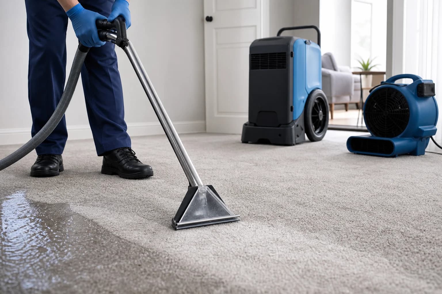 A restoration professional extracting water from carpet with drying equipment nearby.