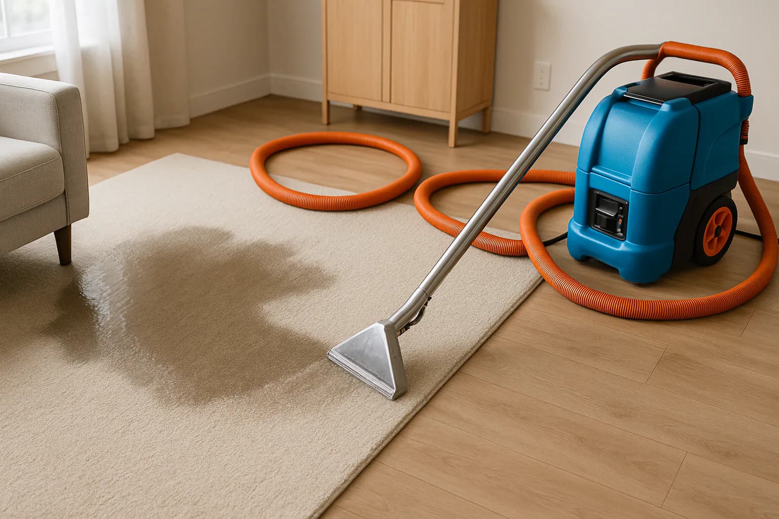 A residential water restoration scene illustrating water extraction vs. water removal, with the affected area and professional equipment fully visible.