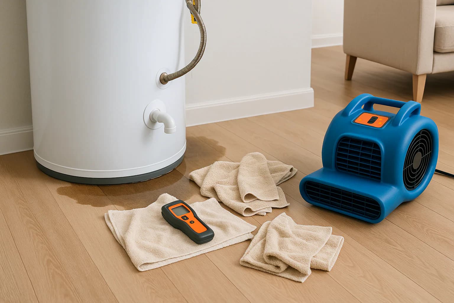A residential water restoration scene illustrating water heater leak the response and why it happens, with the affected area and professional equipment fully visible.