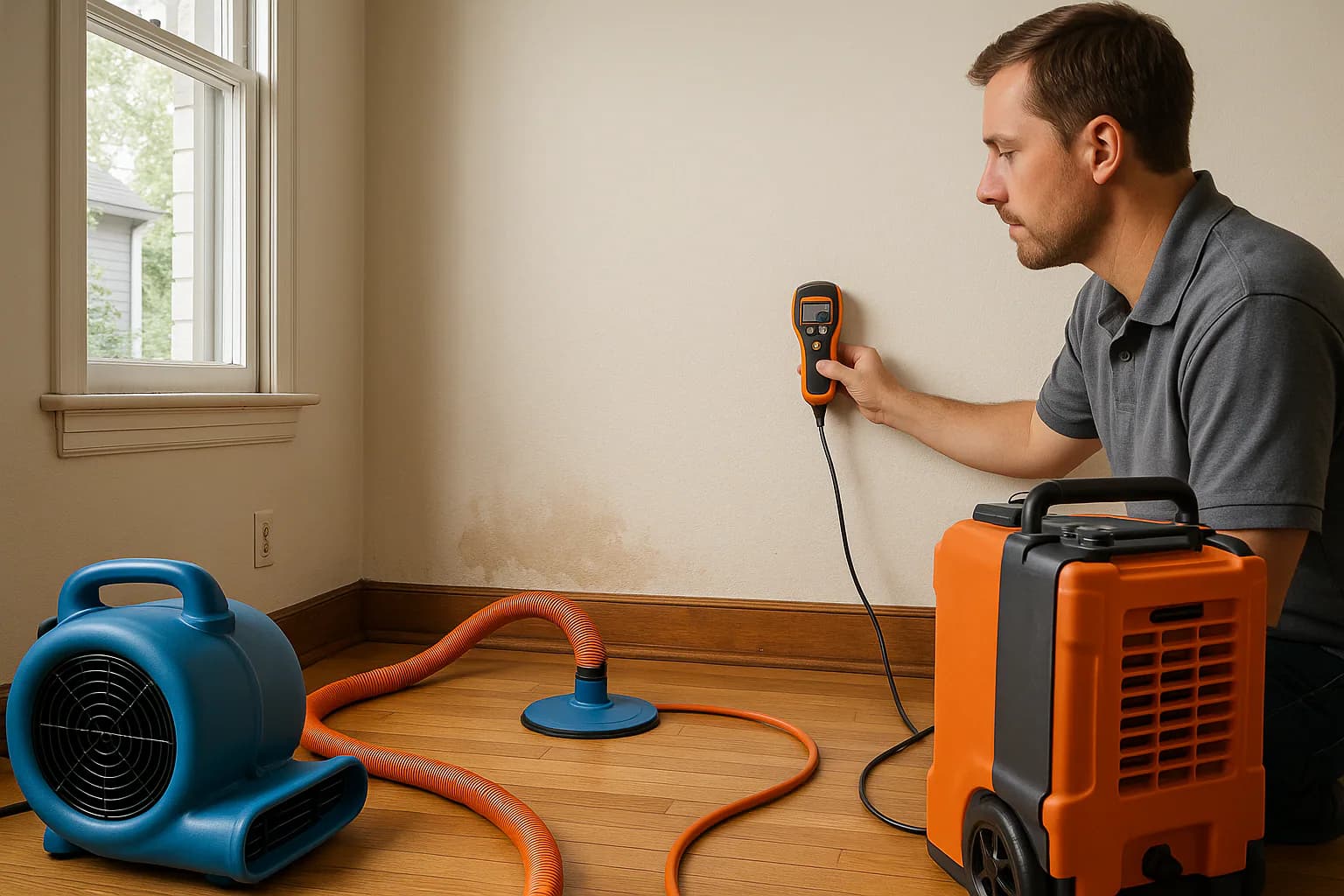A residential water restoration scene illustrating water mitigation vs. water damage restoration, with the affected area and professional equipment fully visible.