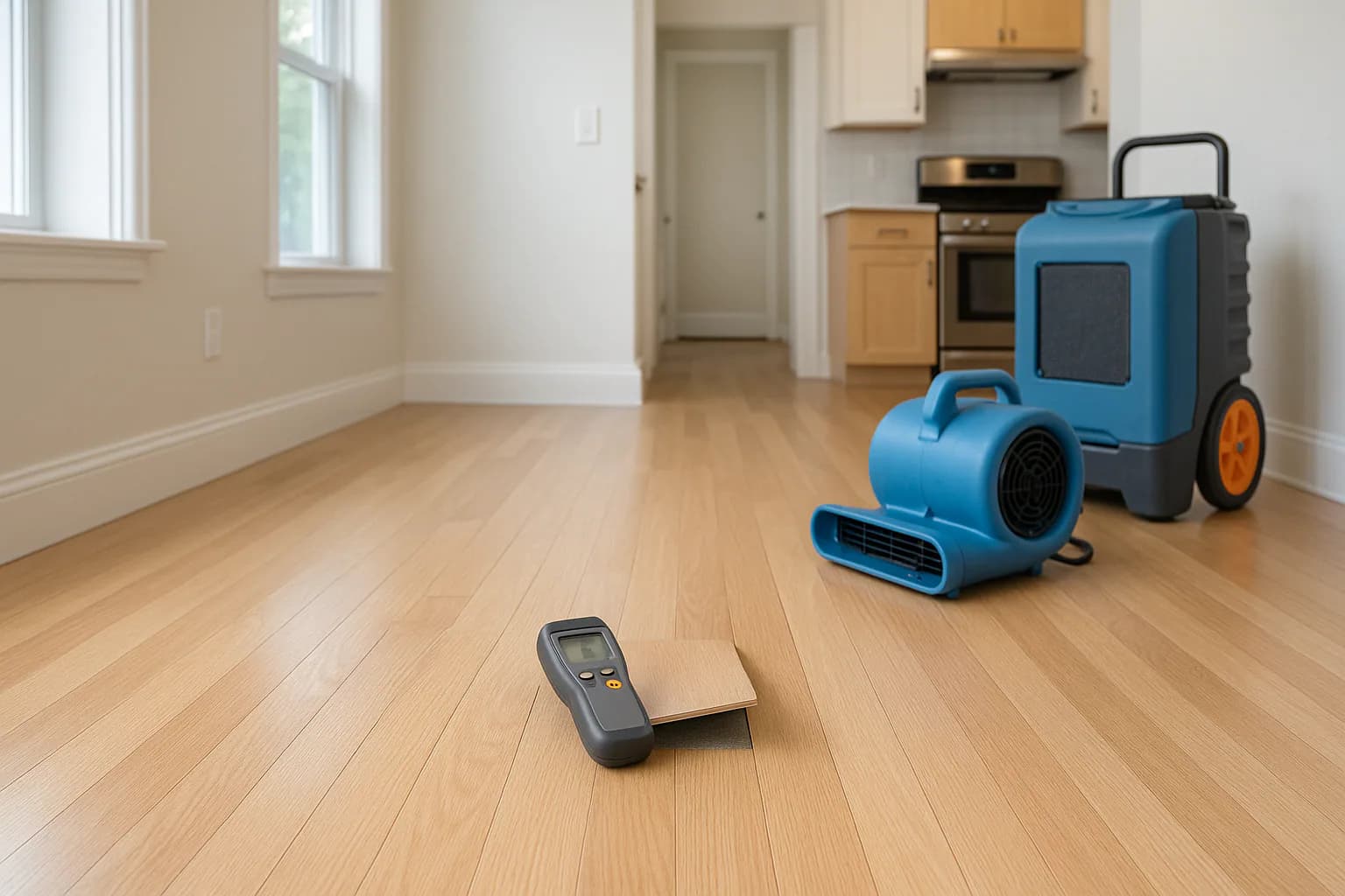 A residential water restoration scene illustrating water under flooring the response and when it has to come up, with the affected area and professional equipment fully visible.
