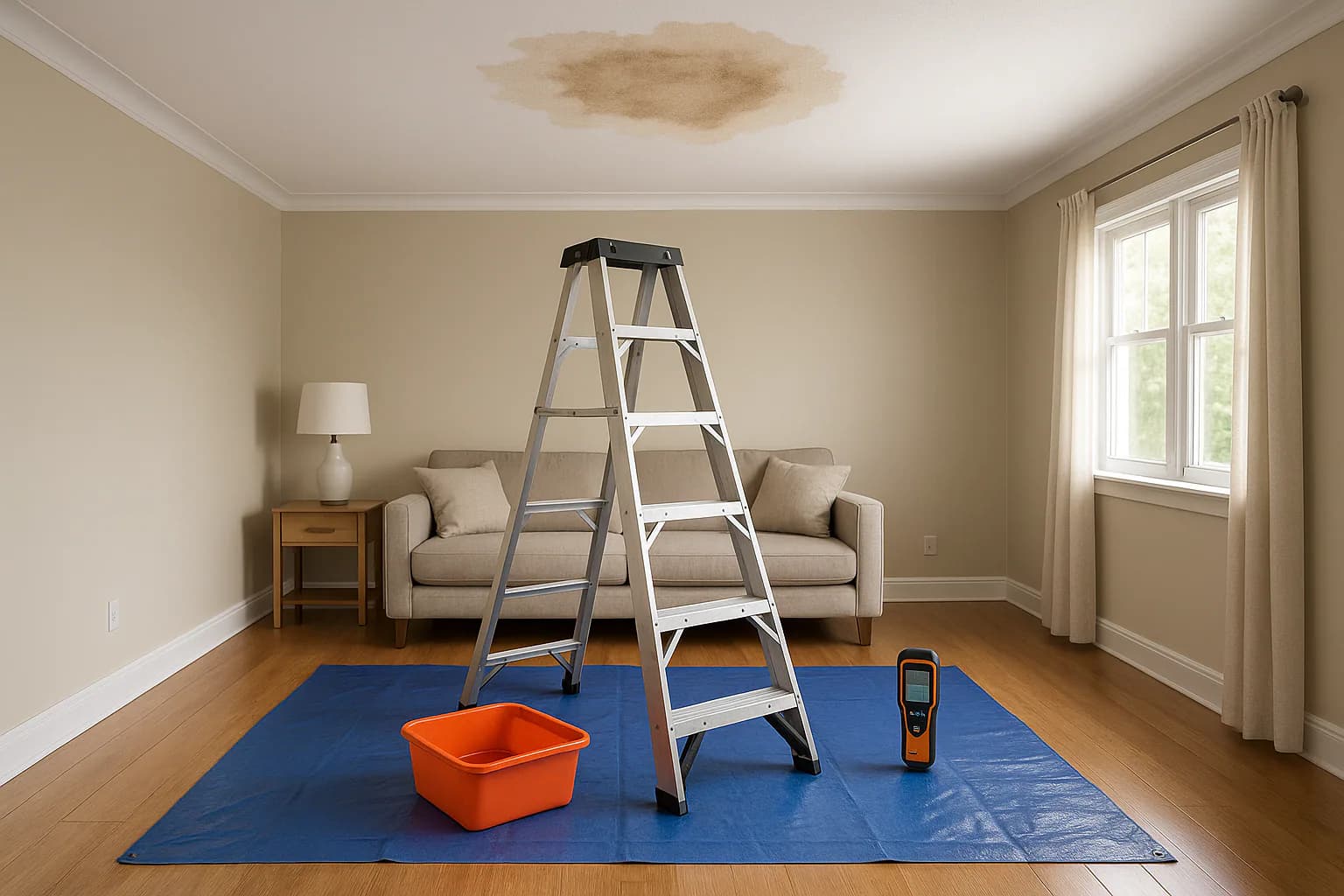 A residential water restoration scene illustrating what causes ceiling water damage, with the affected area and professional equipment fully visible.
