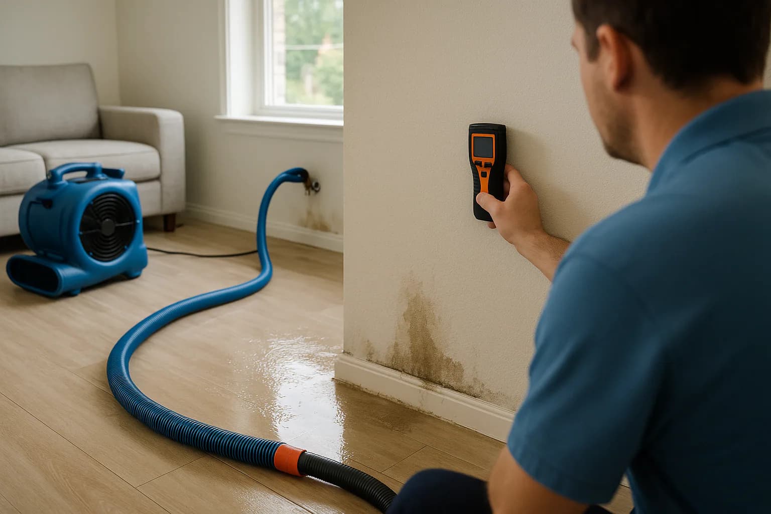 A residential water restoration scene illustrating what is water mitigation, with the affected area and professional equipment fully visible.