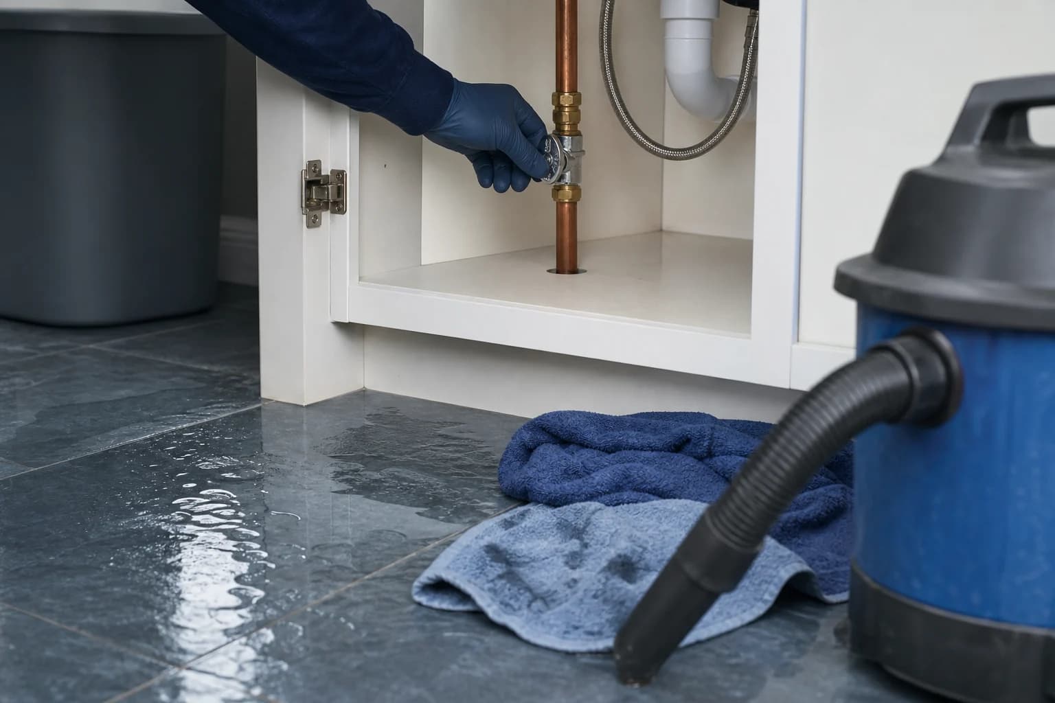 A gloved hand turning off an under-sink shutoff valve after water reaches the floor.